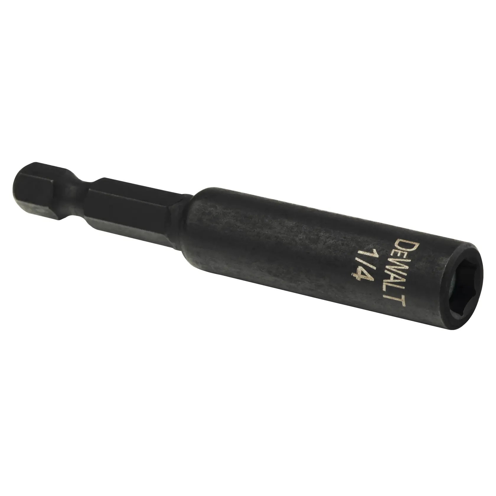A DEWALT 1/4 inch hex shank nut driver with a black finish, used for driving nuts and bolts with power tools.