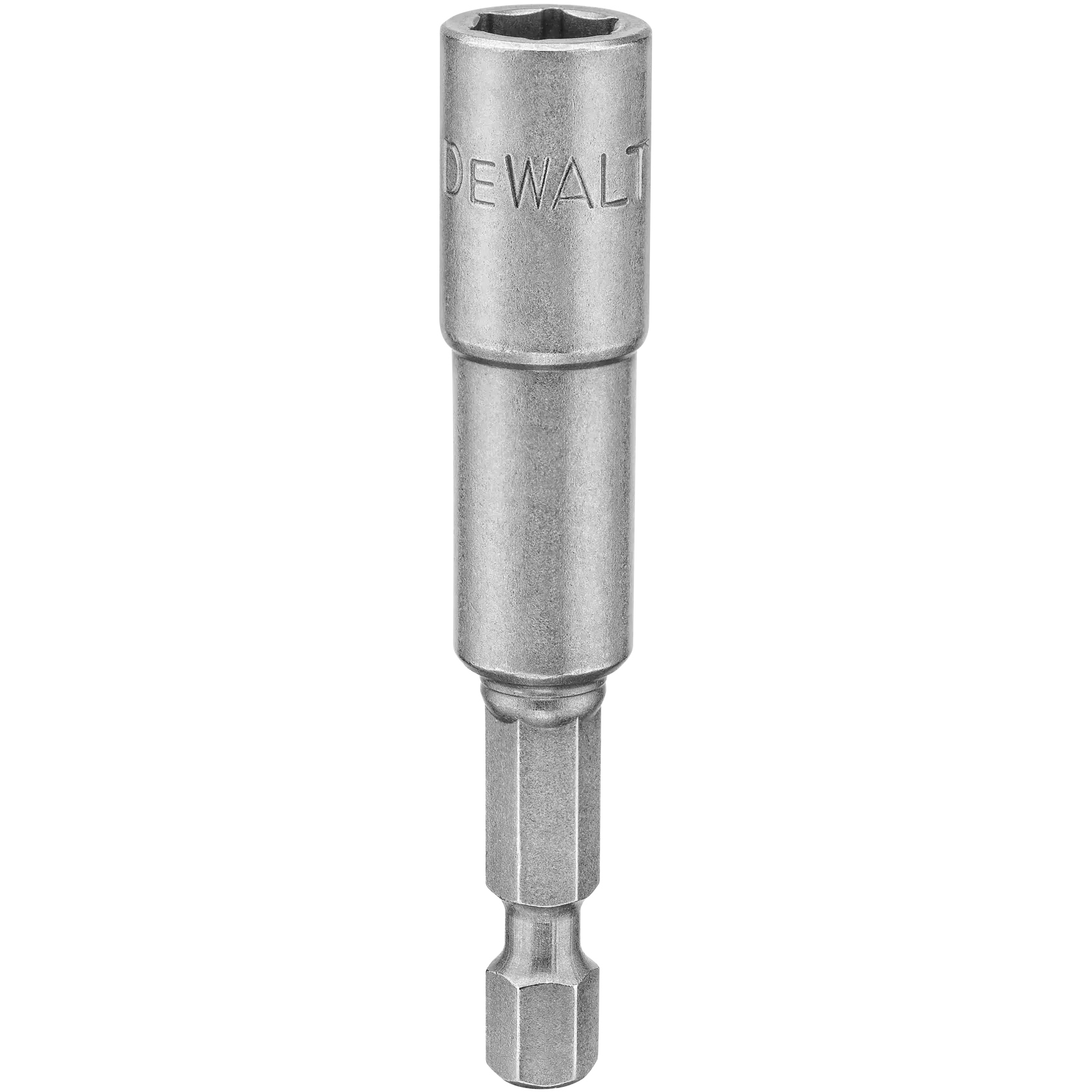 A metallic DEWALT branded magnetic nut driver bit with hex shank, used for fastening nuts and bolts in power drills.