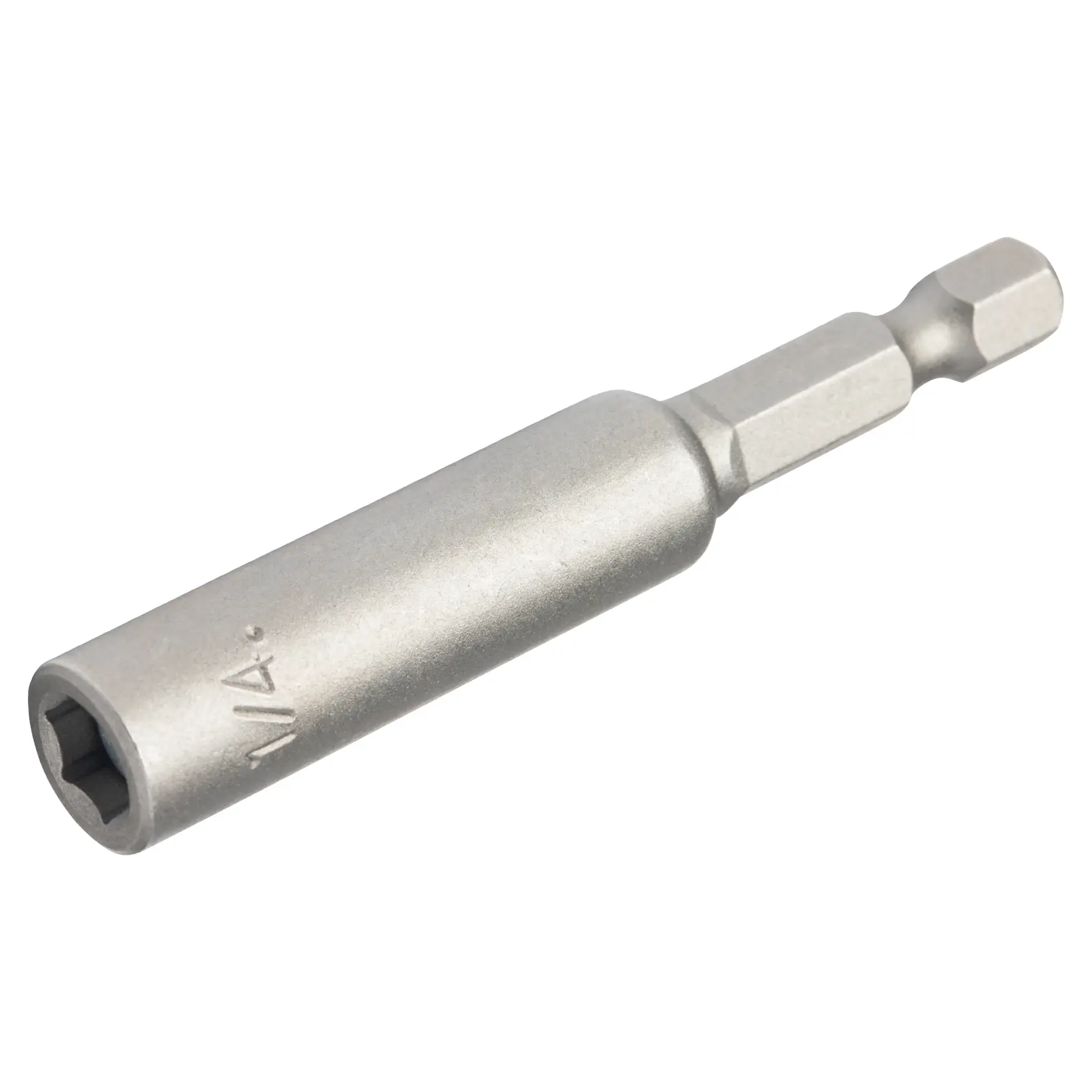 A close-up image of a DEWALT 1/4-inch hex shank nut driver, made of metal, used for driving hex bolts and nuts.