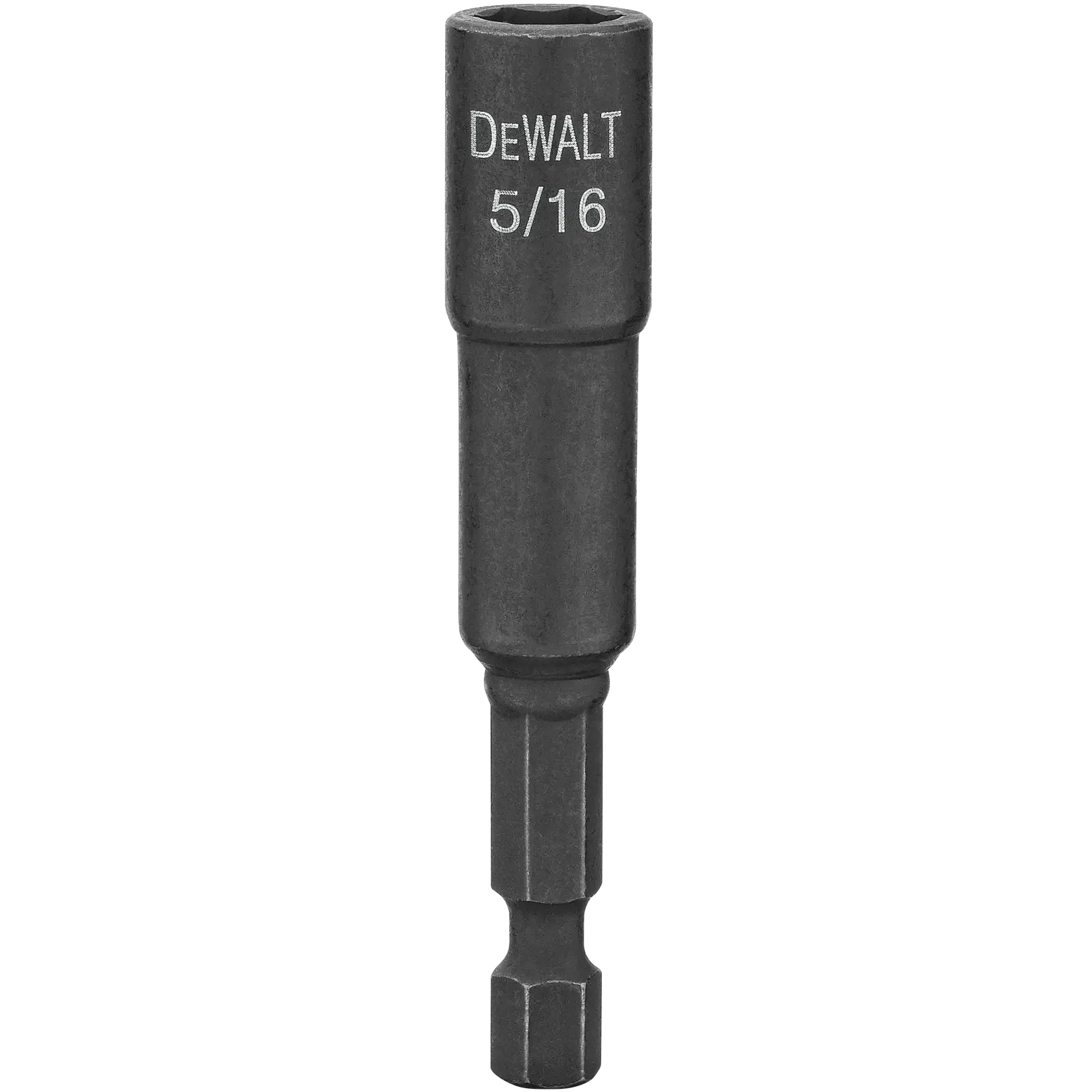 A DEWALT branded 5/16 inch magnetic nut driver bit with a hex shank, for use with drills and impact drivers.