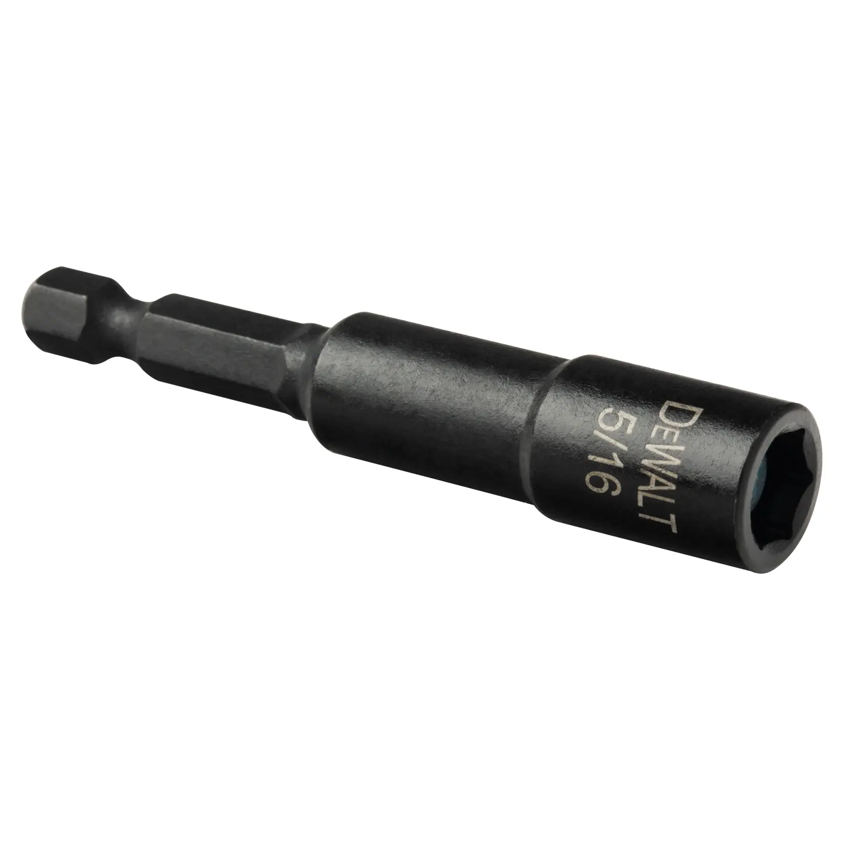 A close-up image of a DEWALT 5/16 inch magnetic nut driver with a hex shank, used for driving nuts and bolts. The tool is black and features the DEWALT brand and size marked on the shaft.