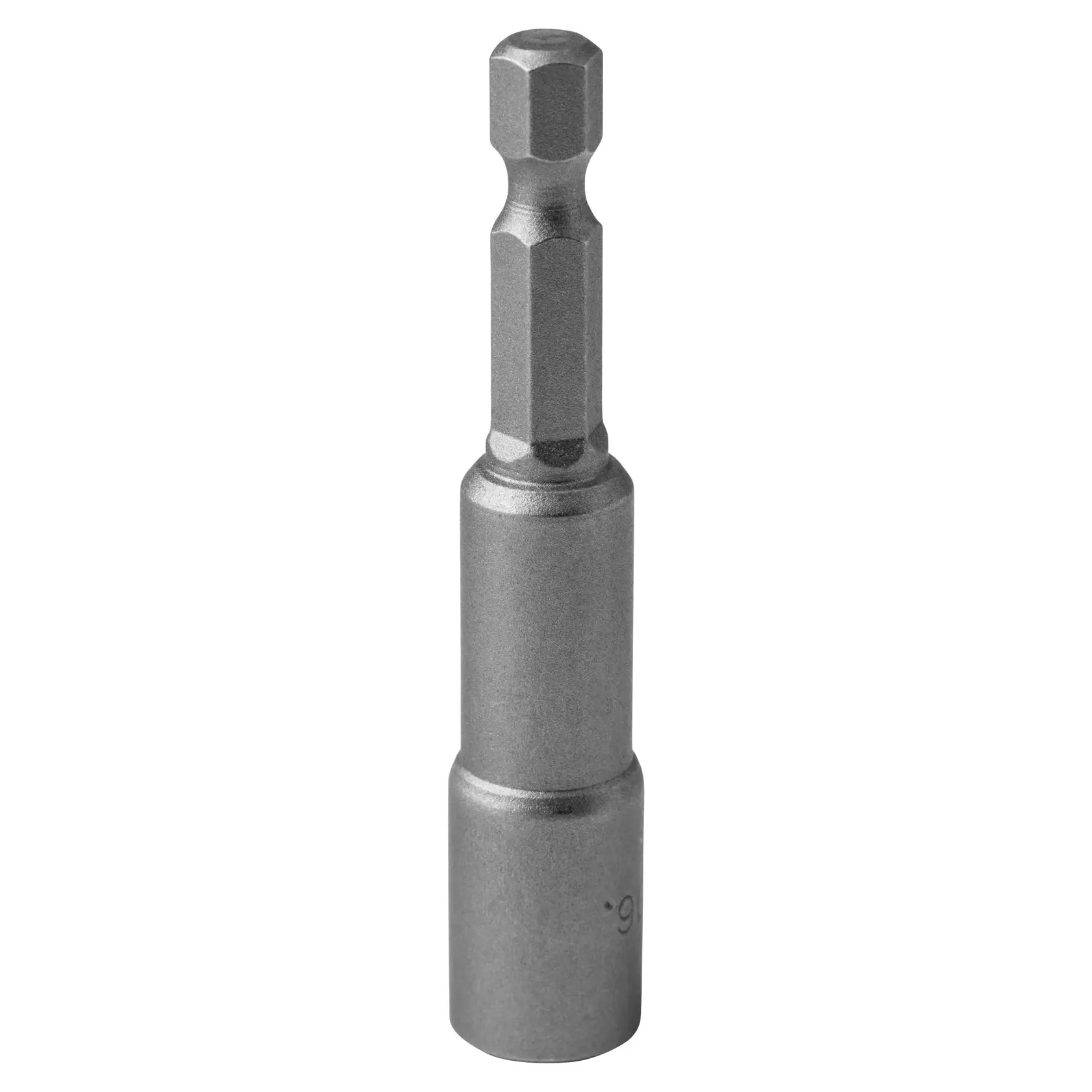 A close-up image of a single DEWALT magnetic nut driver bit with hex shank, shown upright against a white background.
