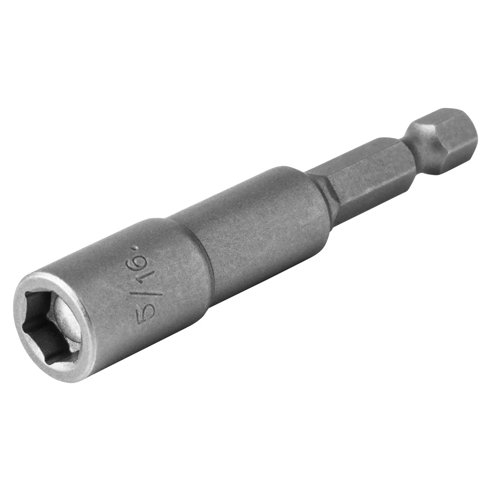 A close-up image of a DEWALT 5/16 inch magnetic nut driver bit with a hex shank, used for driving hex head screws and bolts in power tools.
