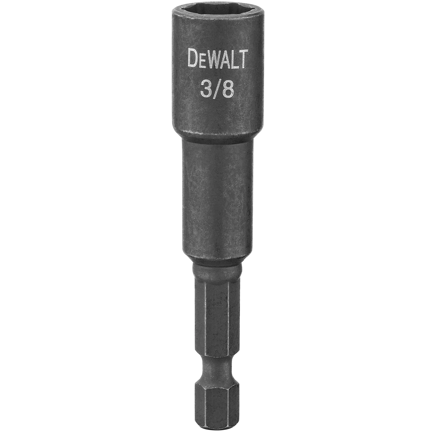 A DEWALT 3/8 inch hex socket driver bit, black metal tool, used for power drills and screwdrivers.