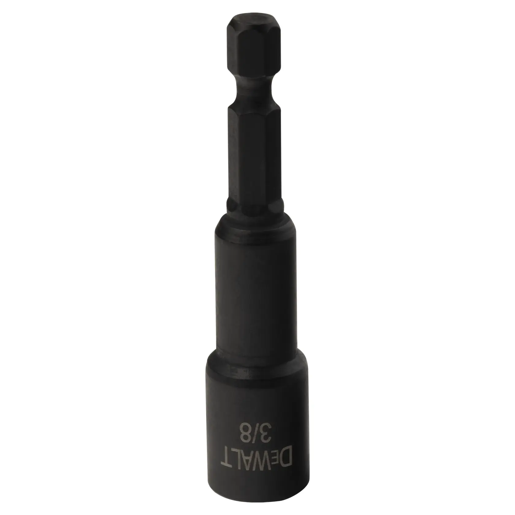 A DEWALT 3/8 inch impact-ready magnetic nut driver with a hex shank, shown standing vertically against a white background.