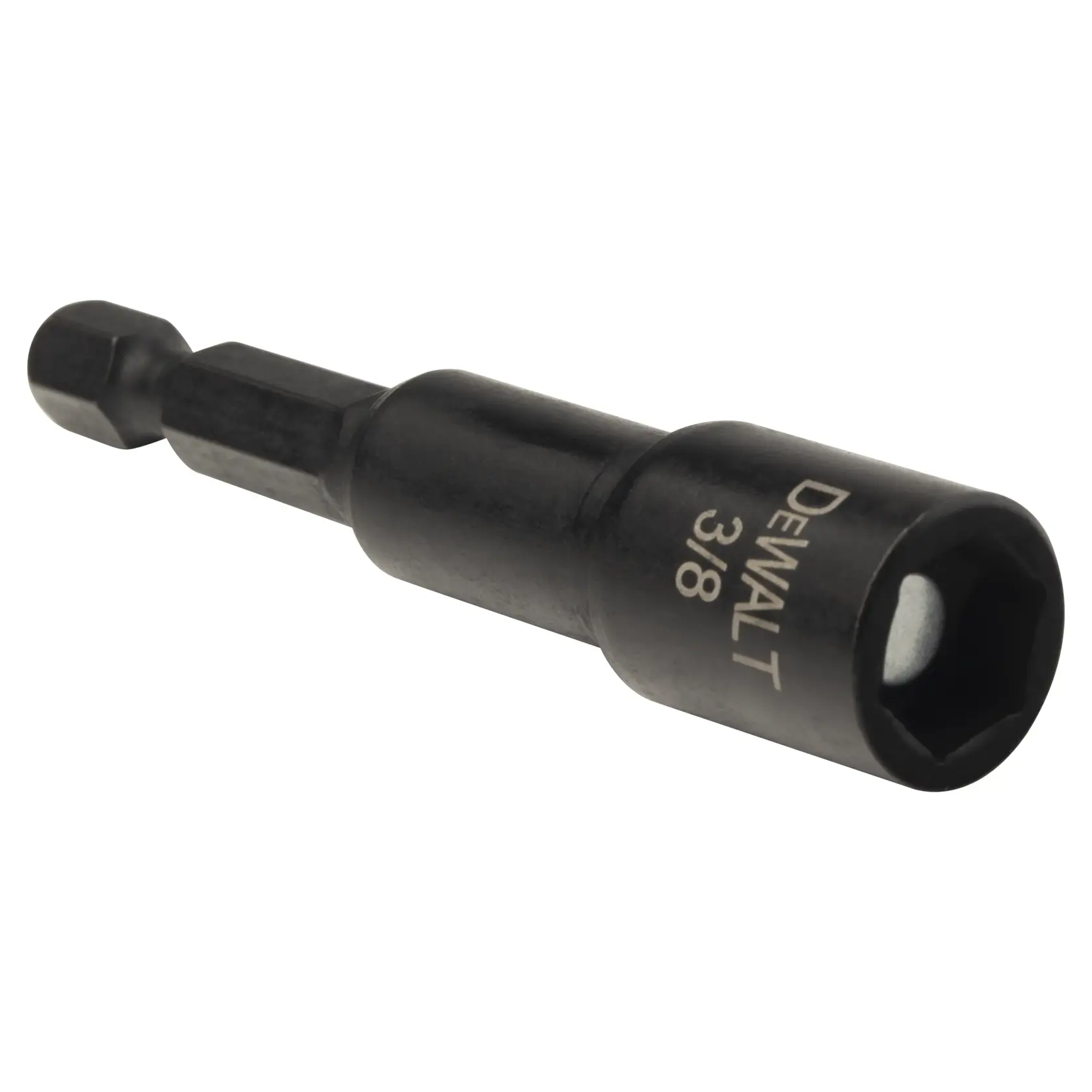 A close-up image of a DEWALT 3/8-inch magnetic nut driver, featuring a black hexagonal shank and socket end.