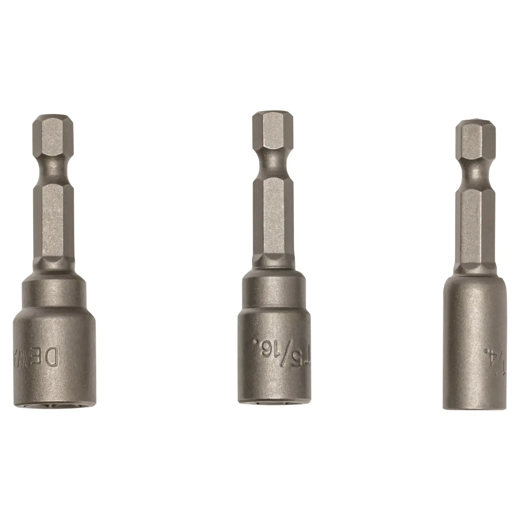 Three metallic hex shank nut driver bits arranged side by side, suitable for use with drills and screwdrivers.