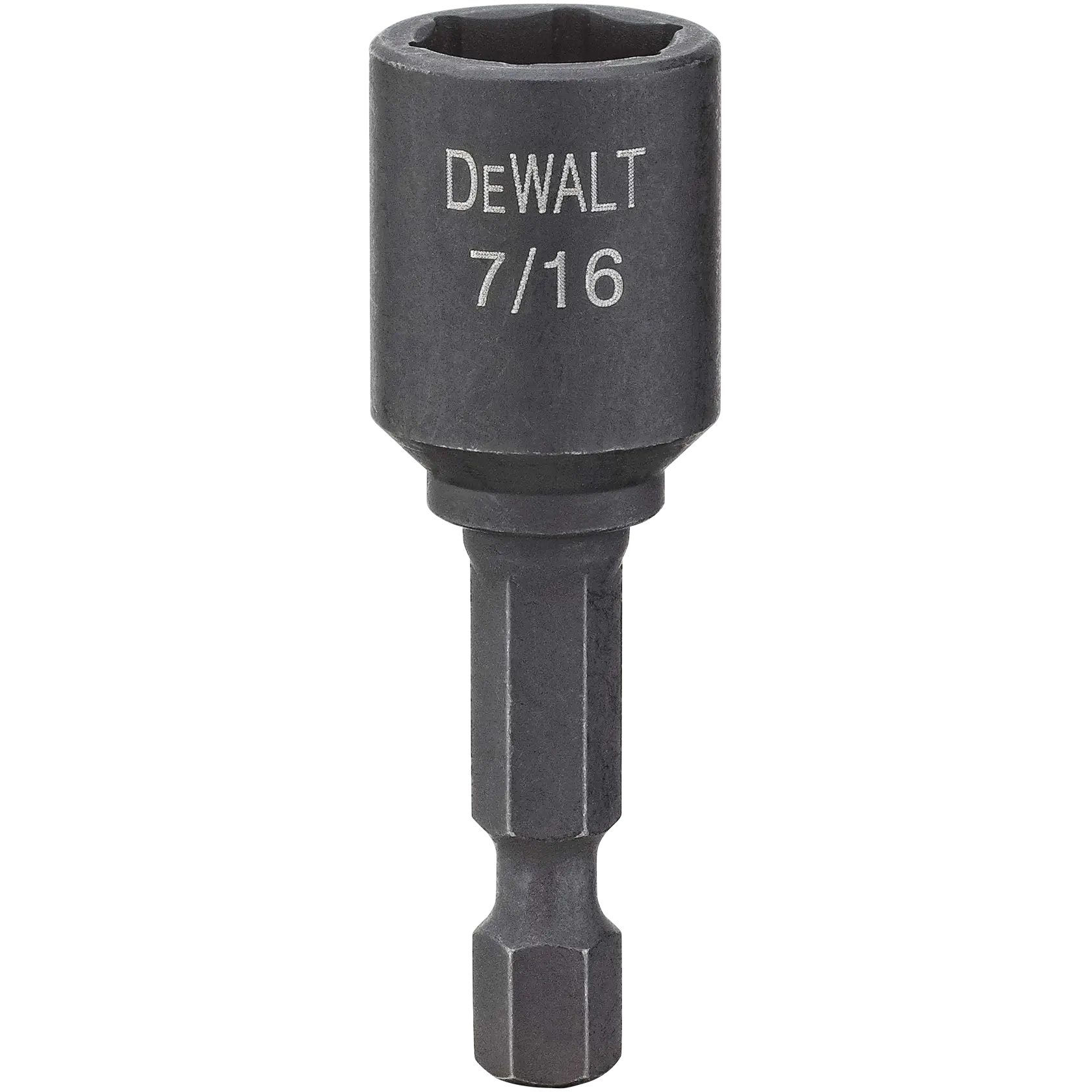 A DEWALT 7/16 inch hex shank impact-ready socket adapter, commonly used for power tools.
