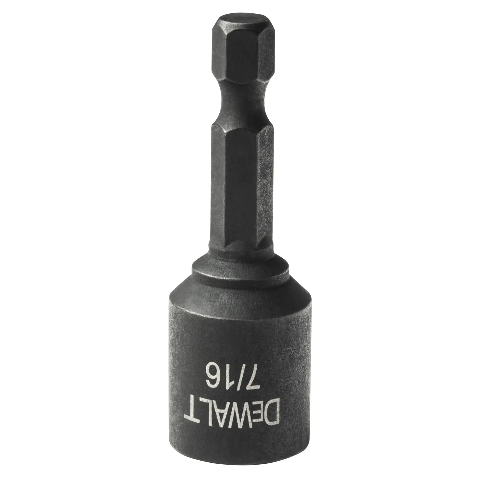 A DEWALT 7/16 inch impact ready socket adapter with hex shank, designed for use with power tools.
