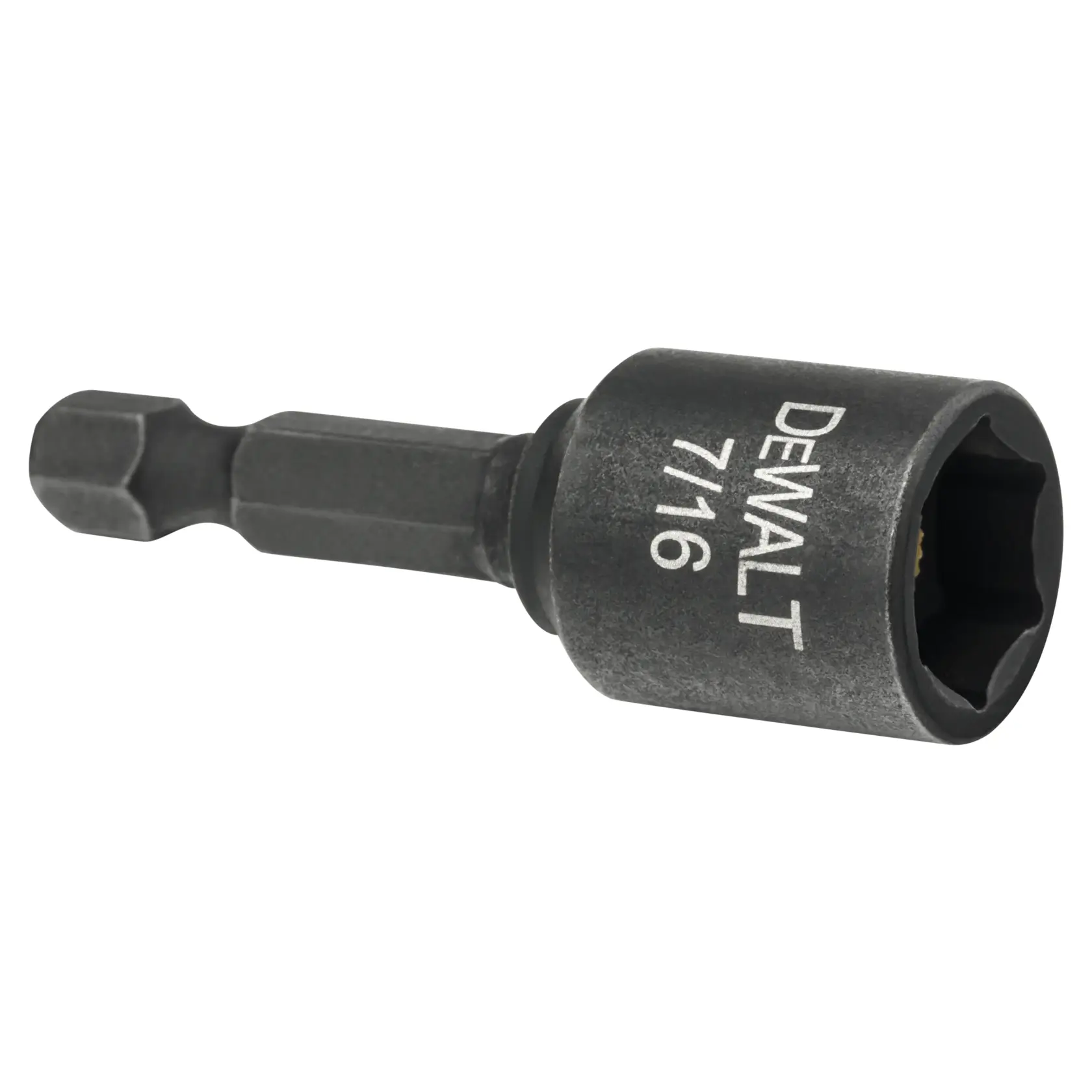 A DEWALT branded 7/16 inch impact ready magnetic nut driver with a hex shank, designed for use with power tools.
