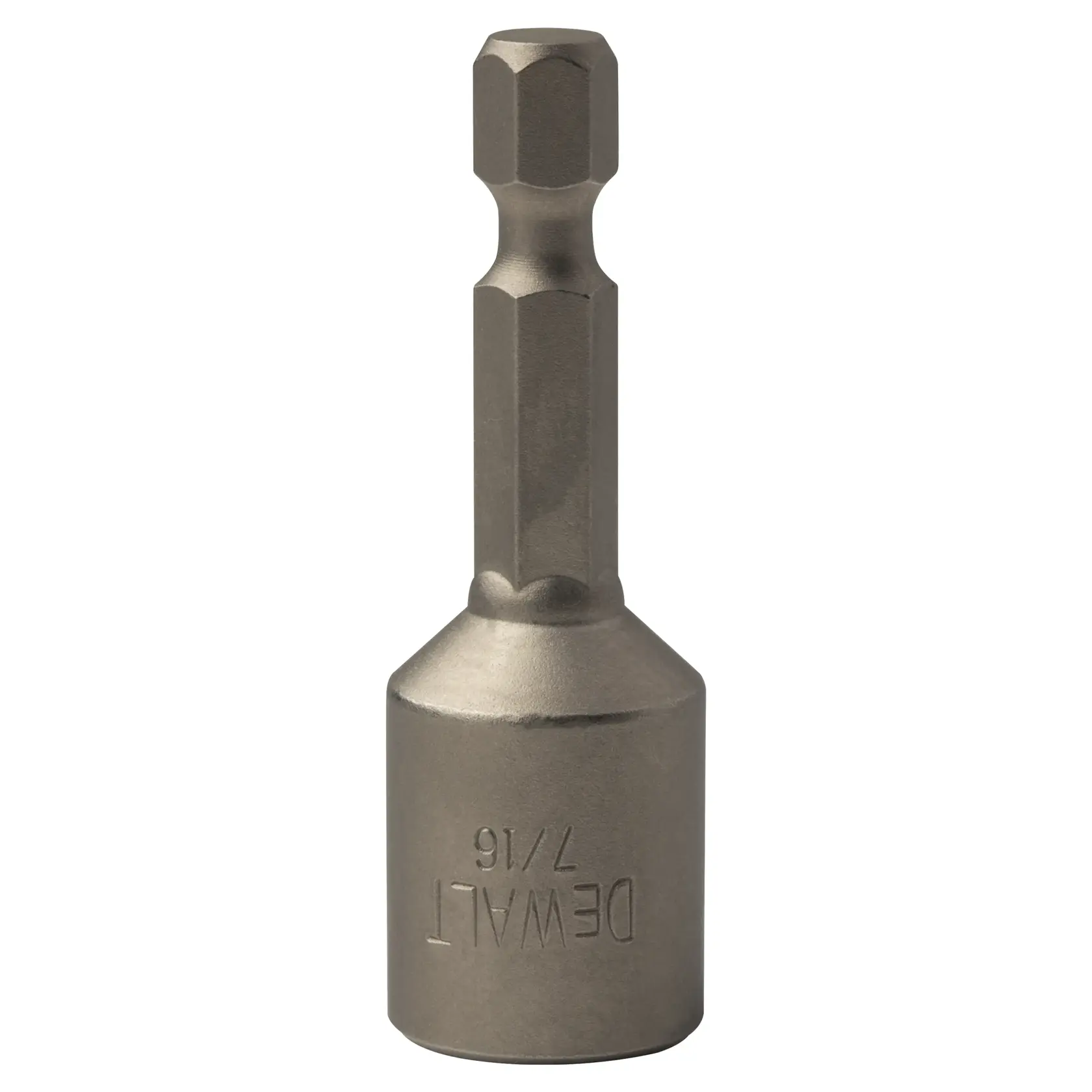 A DEWALT 7/16-inch magnetic nut driver bit with a hex shank, designed for use with power drills and drivers.