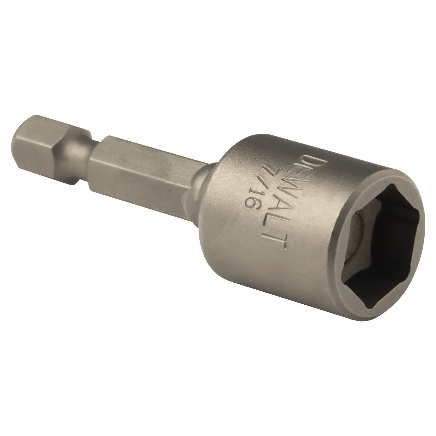 A DEWALT 7/16 inch magnetic nut driver with a hex shank, designed for use with power tools to drive nuts and bolts.
