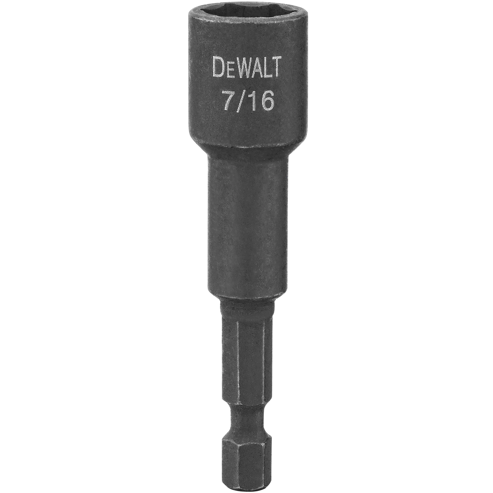 A DEWALT branded 7/16 inch magnetic impact nut driver with a hex shank, shown vertically against a white background.