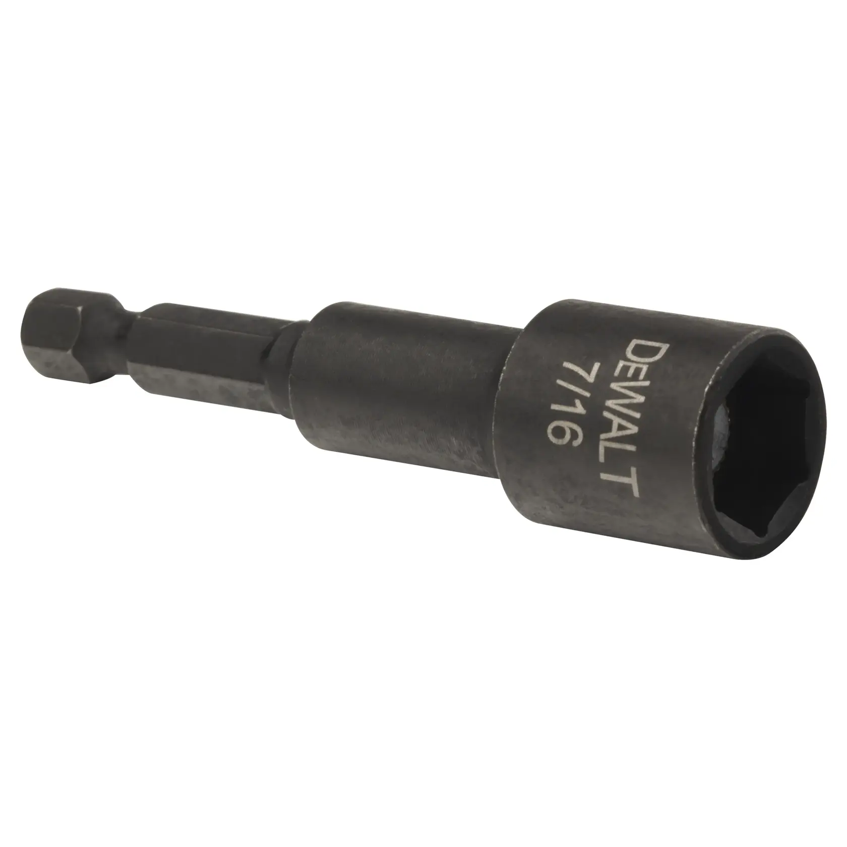 A DEWALT 7/16 inch hex shank nut driver bit, designed for use with power drills and drivers.