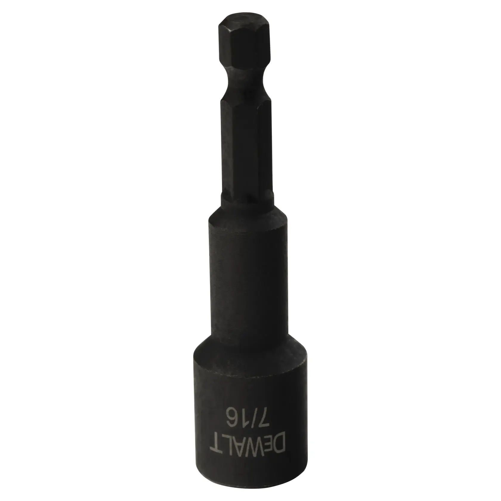 A DEWALT 7/16 inch impact ready hex shank socket adapter, made of dark metal, designed for use with power tools.