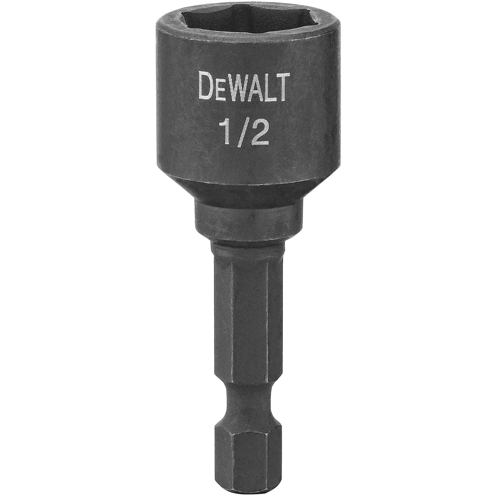 A DEWALT 1/2 inch impact-ready hex socket adapter with a black finish, designed for use with power tools.