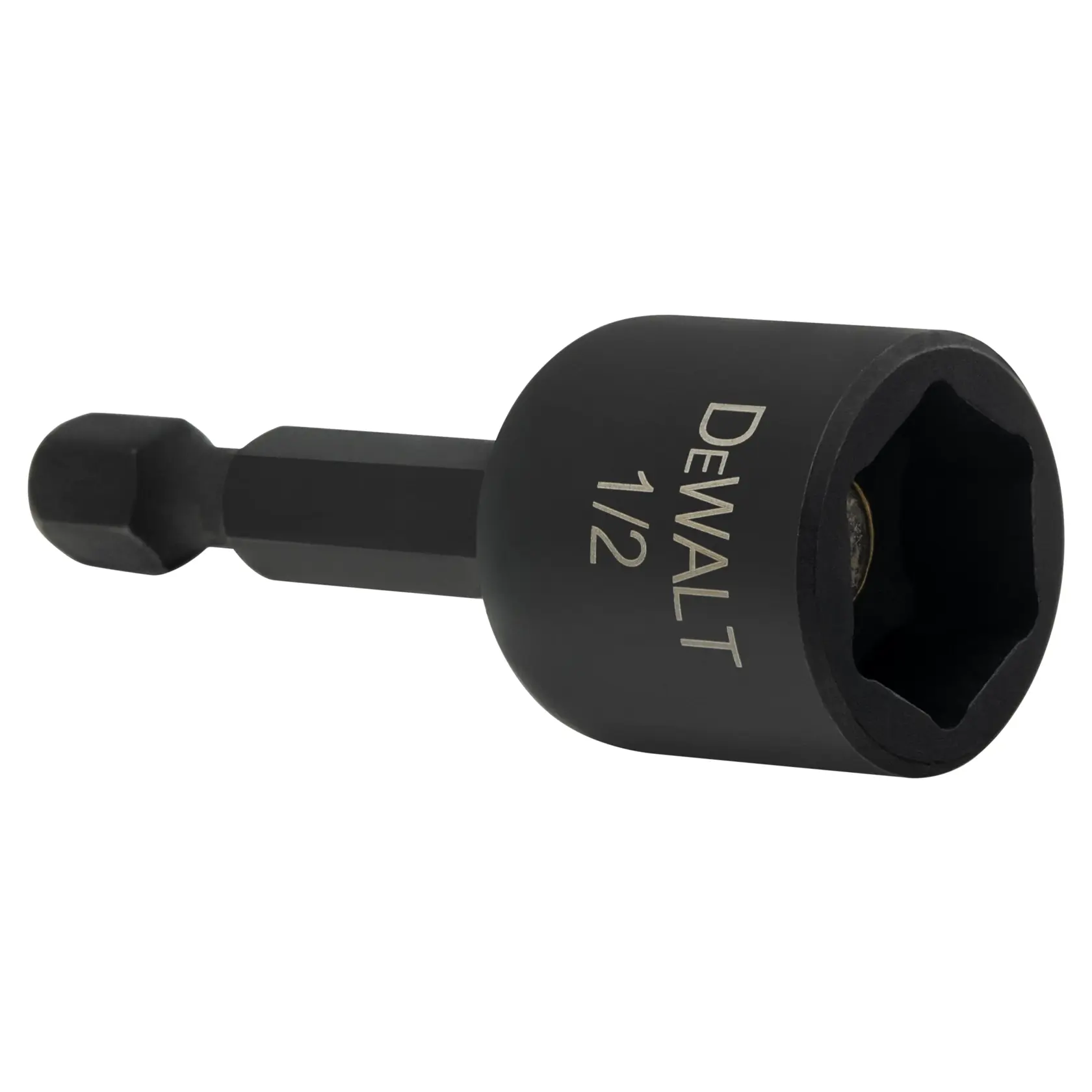 A close-up image of a DEWALT 1/2 inch impact ready socket adapter, designed for power tools.
