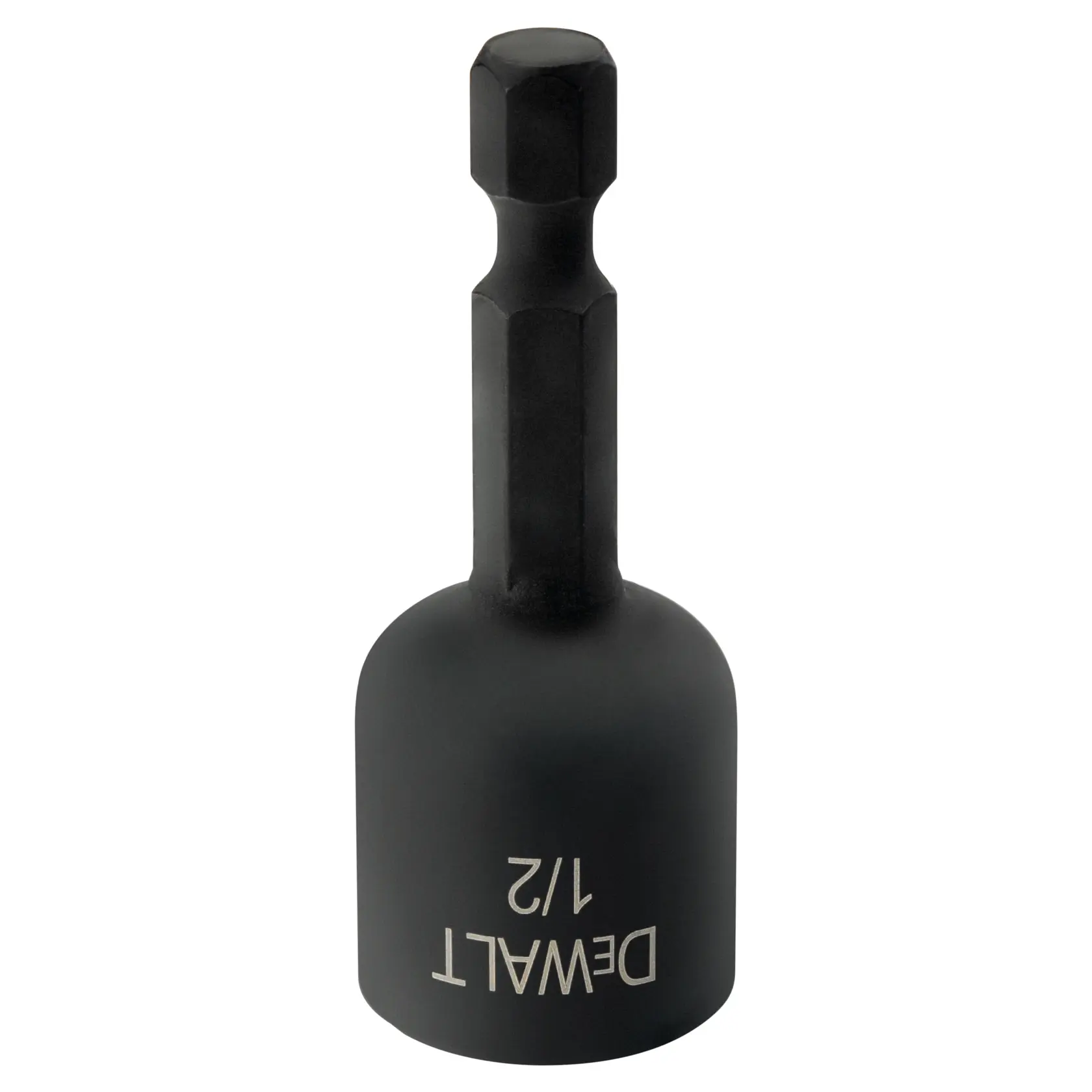 A black DEWALT 1/2 inch impact socket adapter with a hexagonal shank for power tools, displayed on a white background.