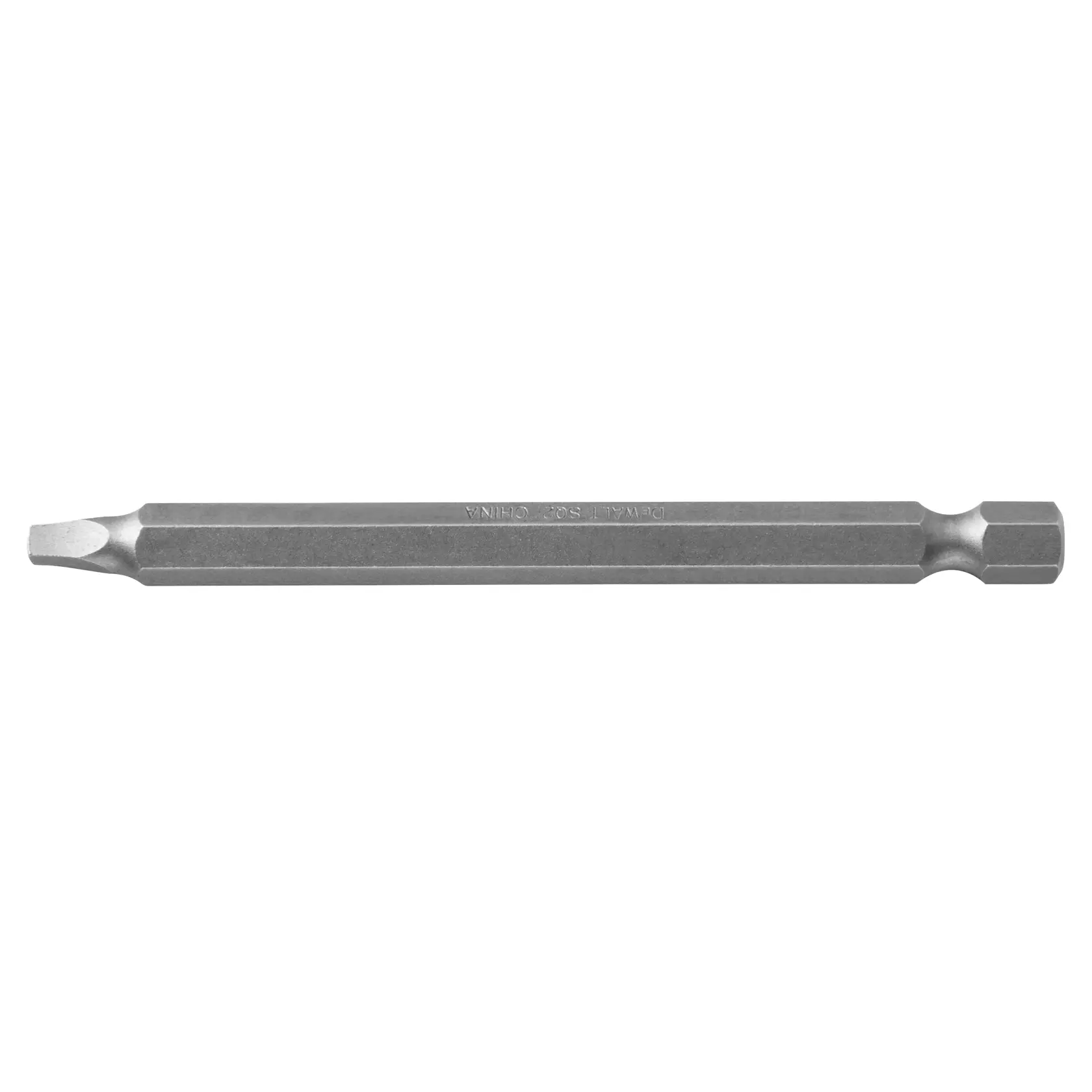 A DEWALT flathead screwdriver bit, long and hexagonal, made of metal, designed for use with power tools.