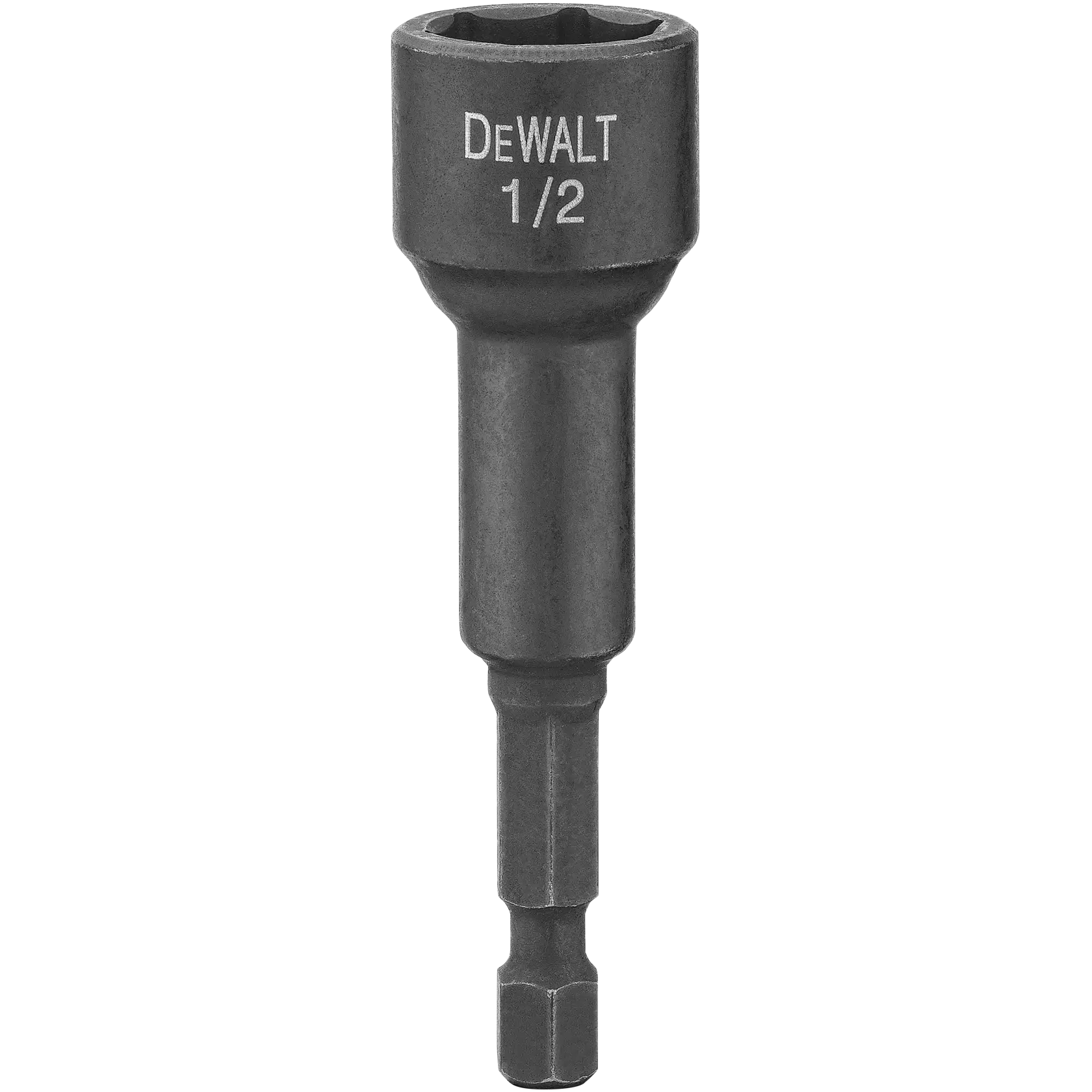 A DEWALT branded 1/2 inch socket driver bit with a hex shank, designed for use with power drills and impact drivers.