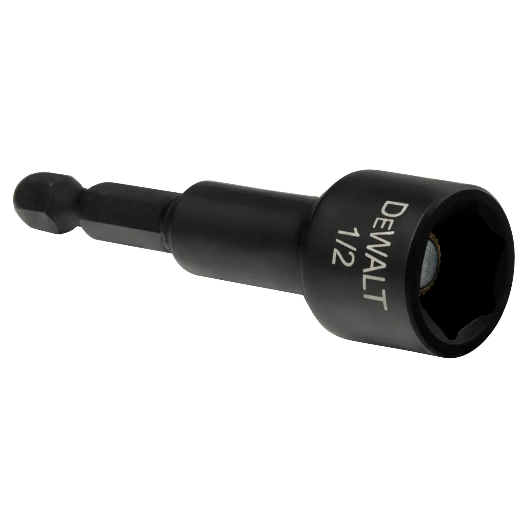 A DEWALT branded black 1/2 inch impact ready socket adapter with hex shank, designed for use with power tools.