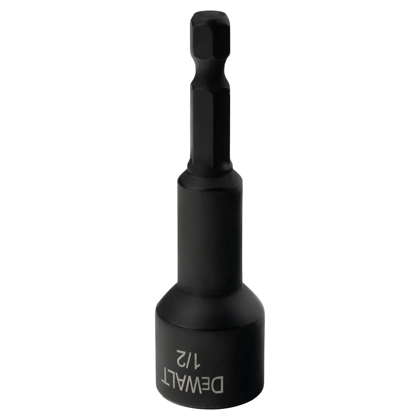 A DEWALT branded 1/2 inch impact ready socket adapter, made of black metal, designed for use with power tools.