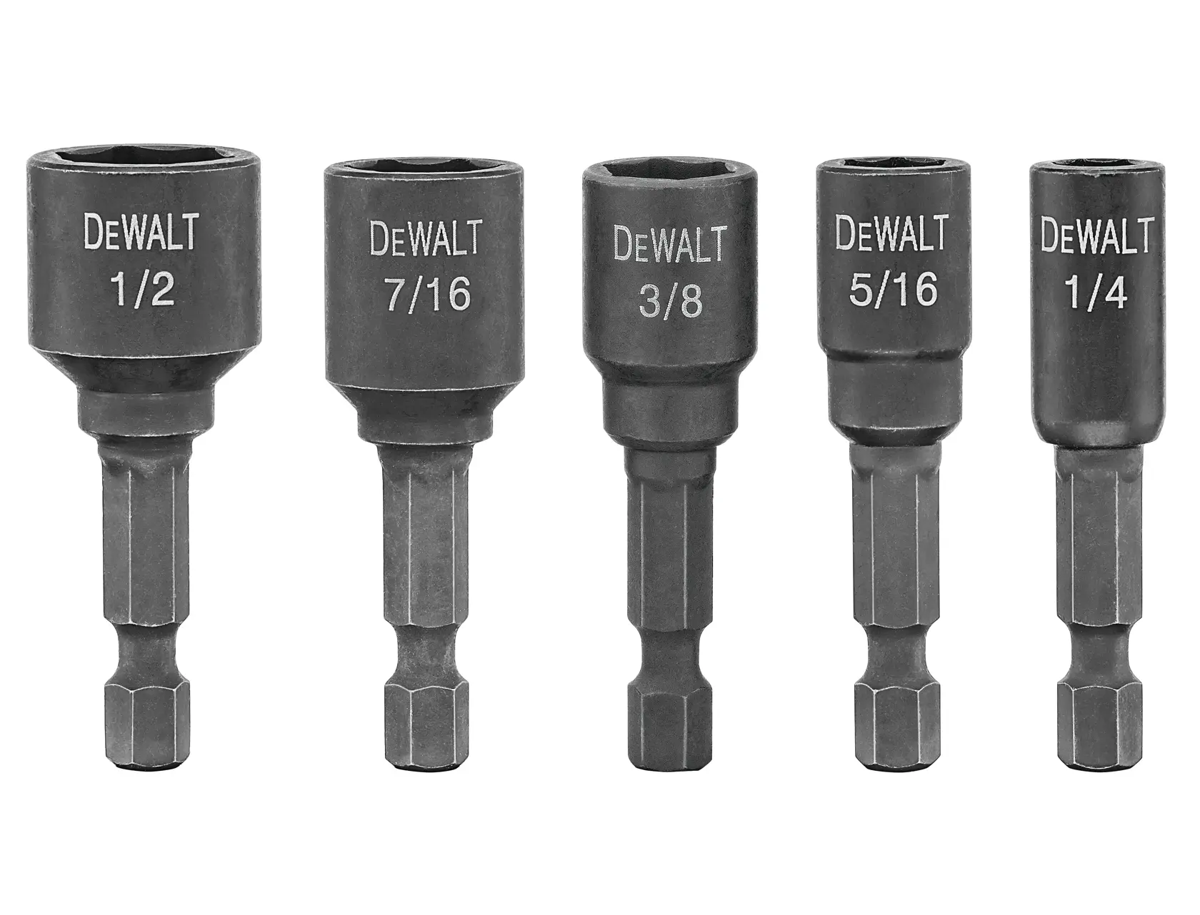 Five DEWALT magnetic nut drivers in different sizes are displayed in a row. The sizes, labeled on each, are 1/2, 7/16, 3/8, 5/16, and 1/4 inch.