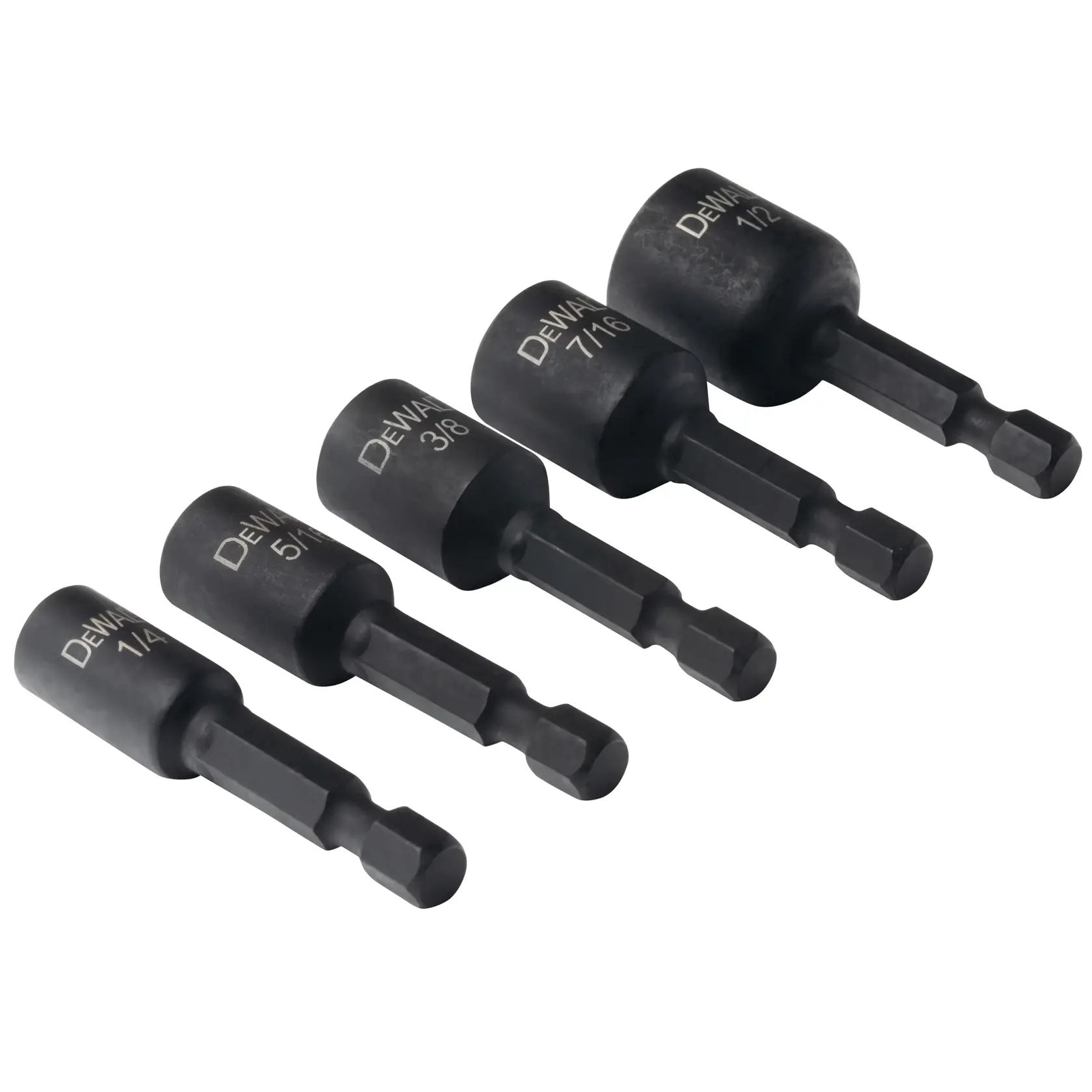 A set of five DEWALT branded impact ready socket adapters of different sizes, arranged in a row. Each adapter has a hex shank and the size markings are visible on the sockets.