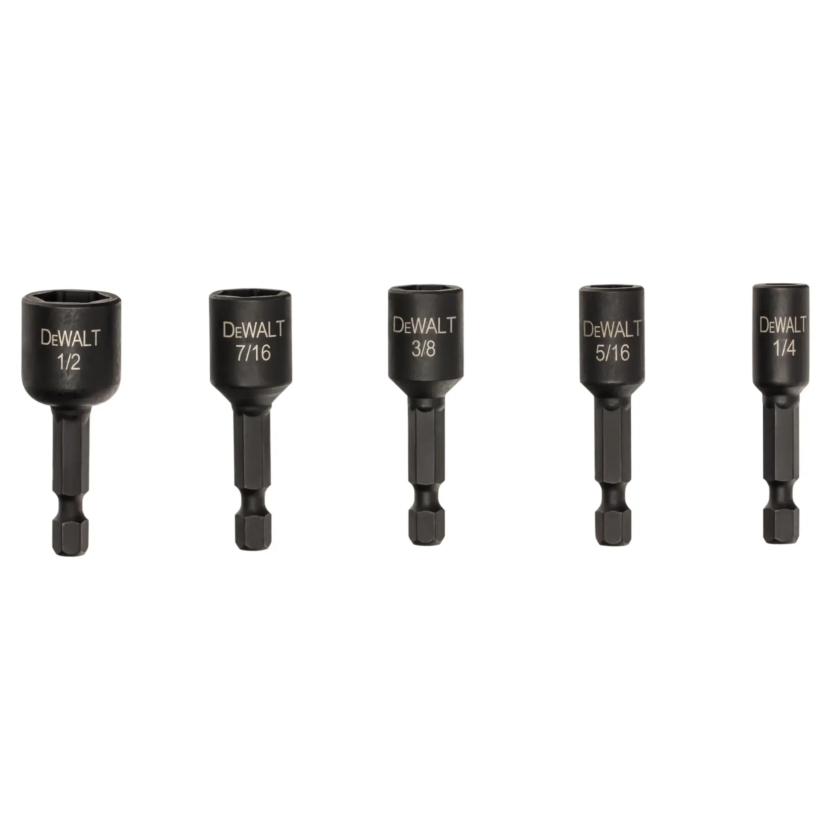 Five DEWALT impact-ready magnetic nut drivers of varying sizes, arranged in a row. Each tool has a black finish and size markings: 1/2, 7/16, 3/8, 5/16, and 1/4 inch.
