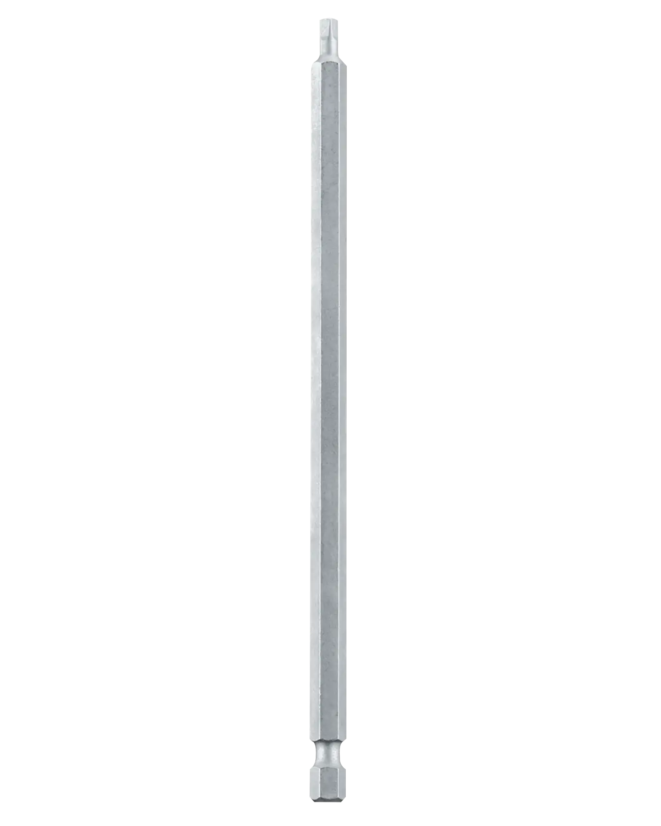 A silver hexagonal drill bit extension photographed against a white background.