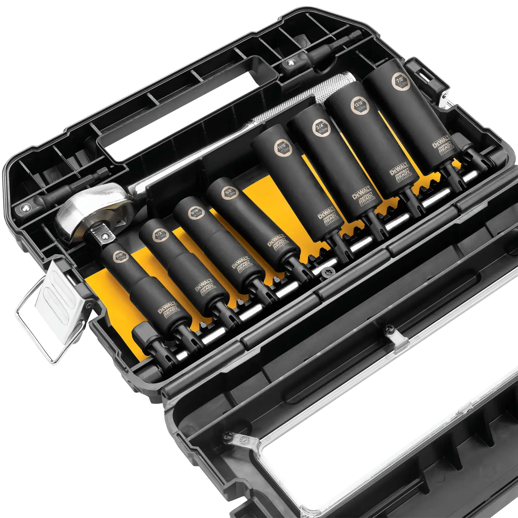 A black DEWALT tool case open to show a set of ten black impact driver sockets with yellow accents. The sockets are arranged in a row, each labeled with its size, and a silver tool is also included in the case.