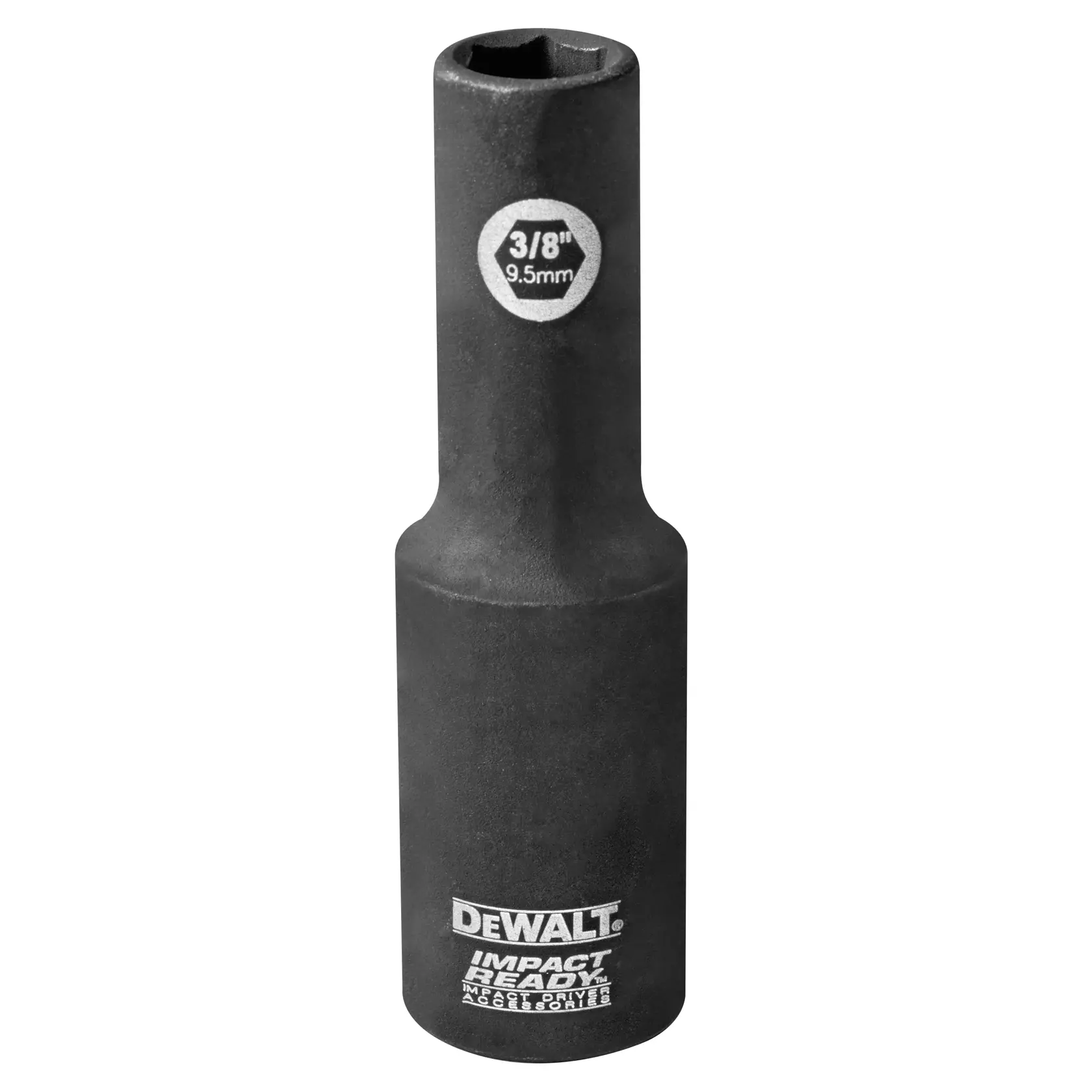 A DEWALT Impact Ready deep socket, black in color, labeled 3/8 inch (9.5 mm), designed for use with impact drivers.