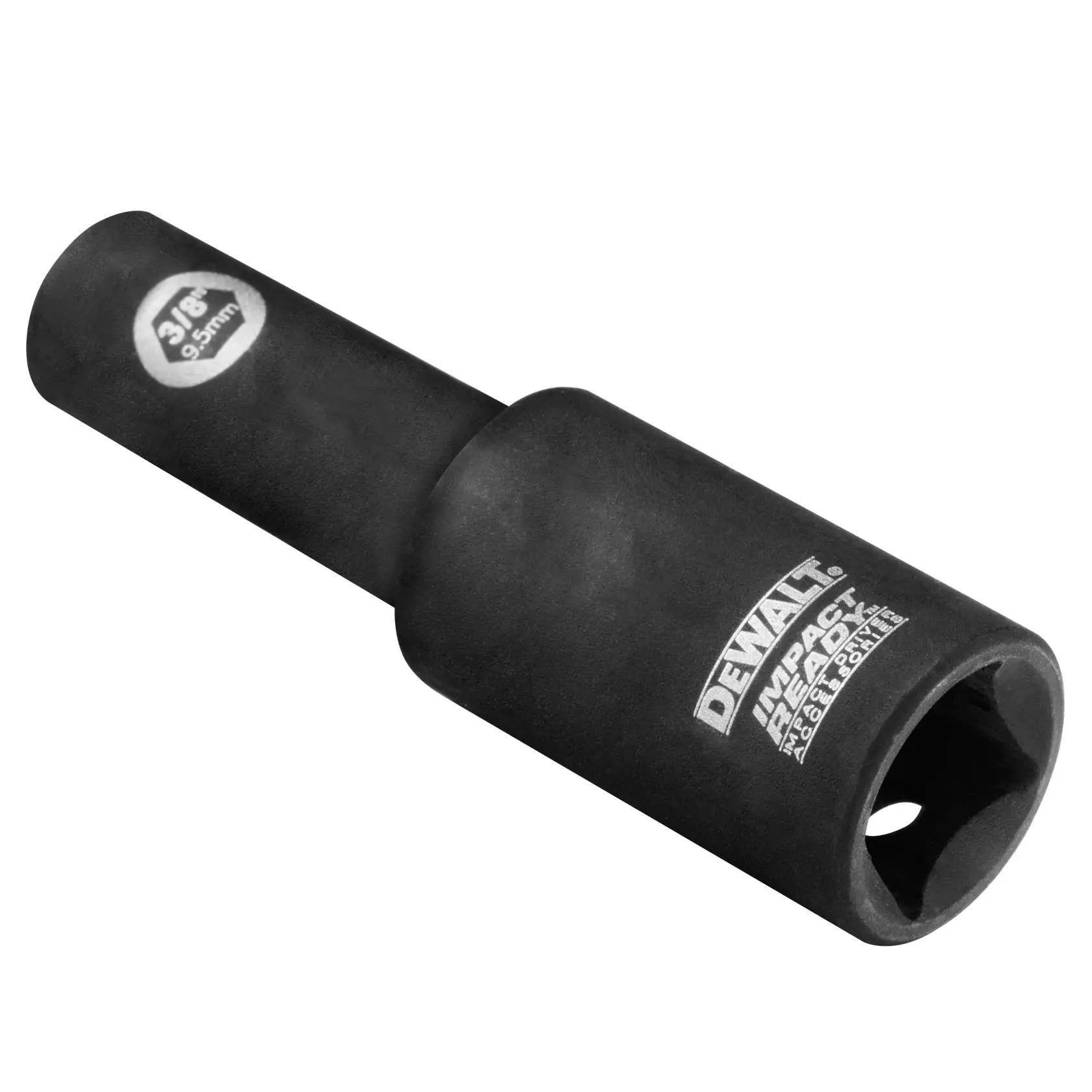 A black DEWALT 3/8 inch (9.5 mm) Impact Ready socket, model DW22842, designed for use with impact wrenches.