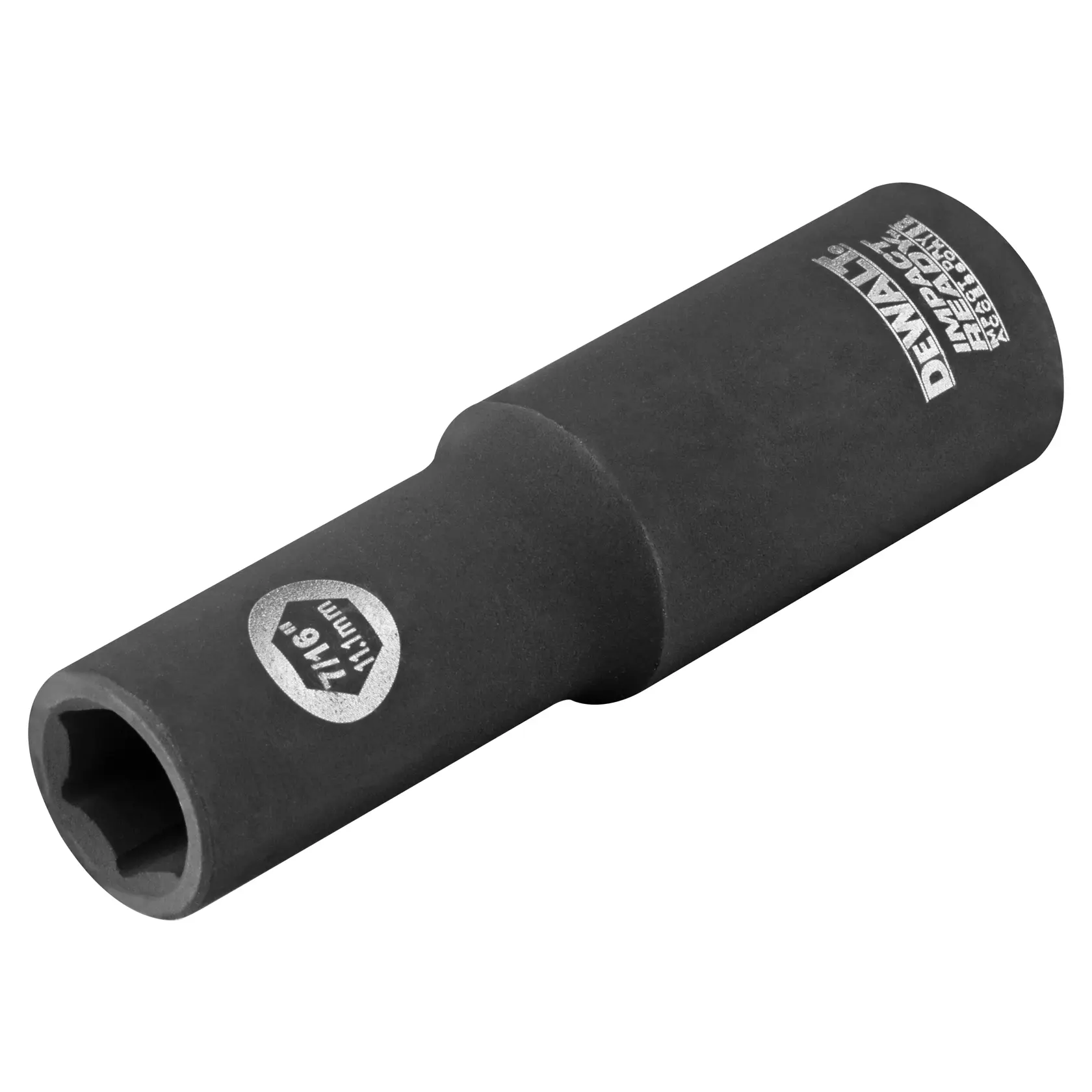 A DEWALT branded impact deep socket, 7/16 inch size, black with white labeling, used for fastening and loosening nuts and bolts with power tools.