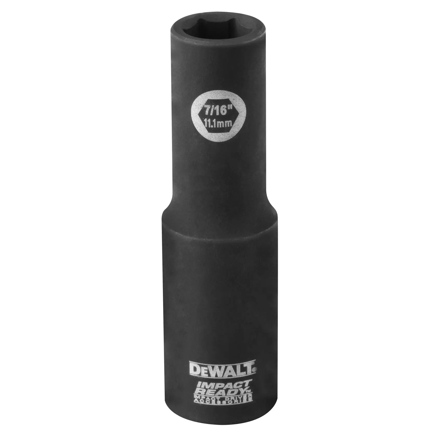 A black DEWALT impact-ready deep socket, size 7/16 inch (11.1 mm), designed for heavy-duty fastening applications.