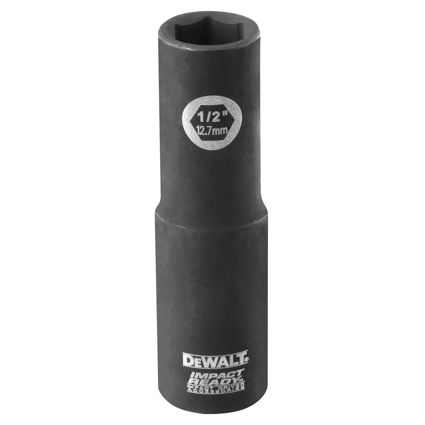 A DEWALT branded deep impact socket, 1/2 inch (12.7 mm) size, designed for use with power tools.