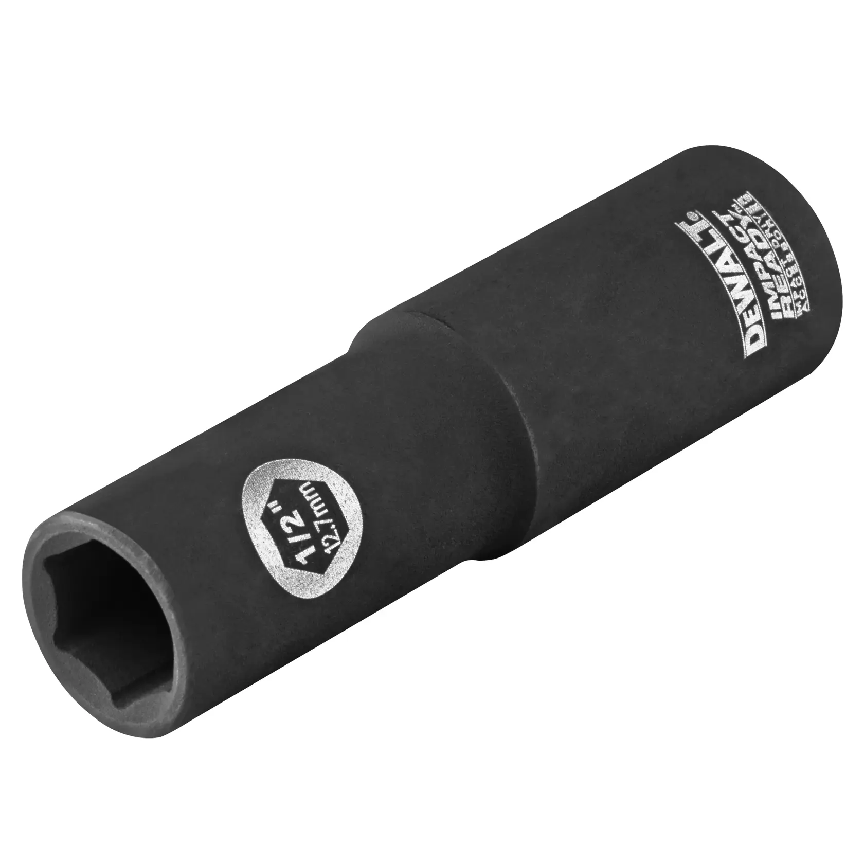 A DEWALT 1/2 inch impact socket made of durable black material with size marking 12.7mm printed on the side. The tool is cylindrical and designed for heavy-duty use.