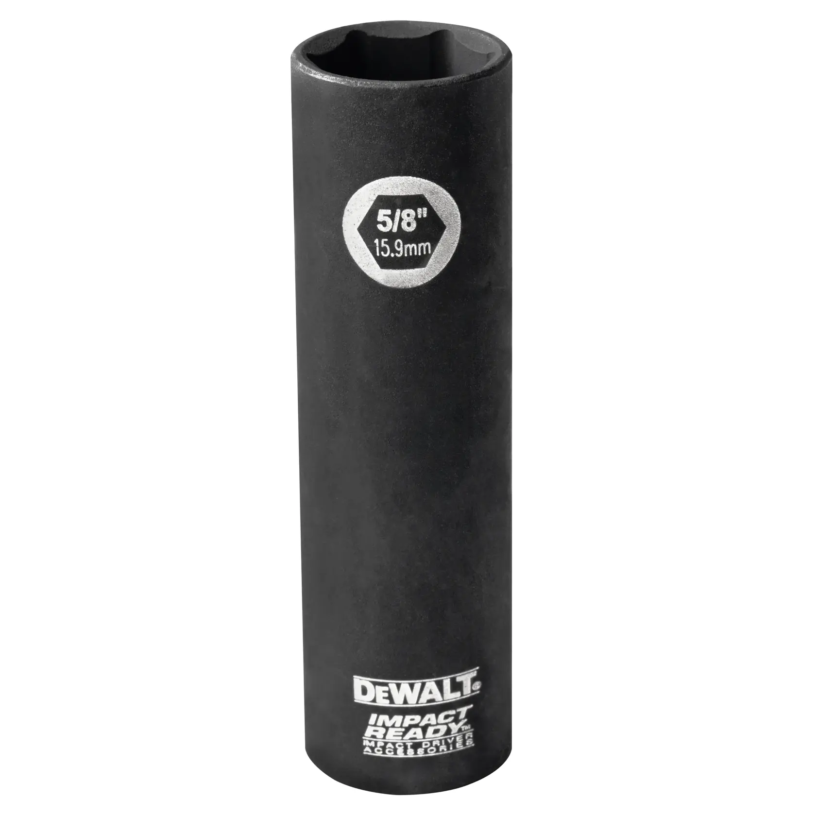 A DEWALT Impact Ready deep socket driver, labeled with 5/8 inch (15.9mm), black in color, used for fastening and loosening nuts and bolts.