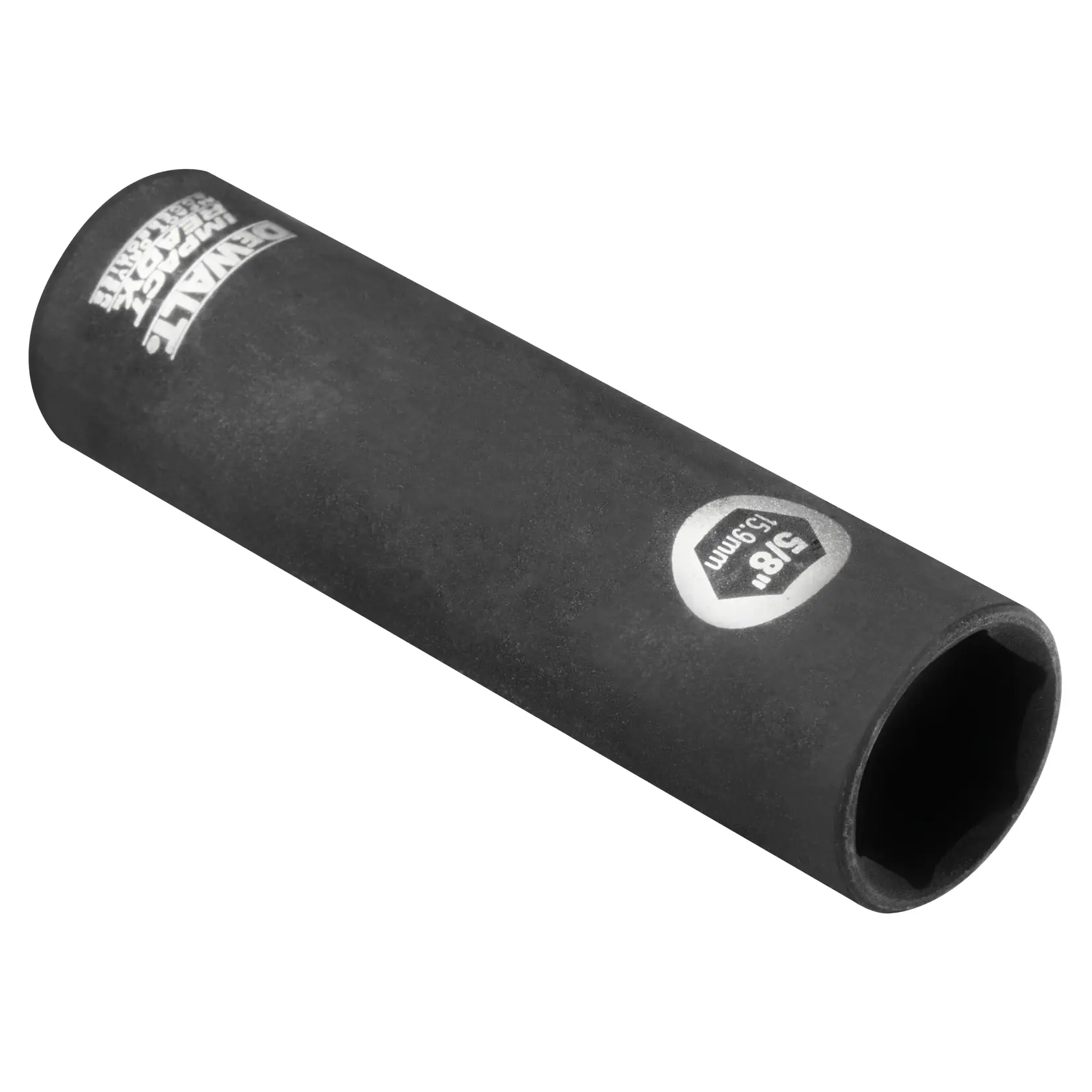 A black DEWALT impact socket with size marking of 3/8 inch (15 mm), made for use with power tools.