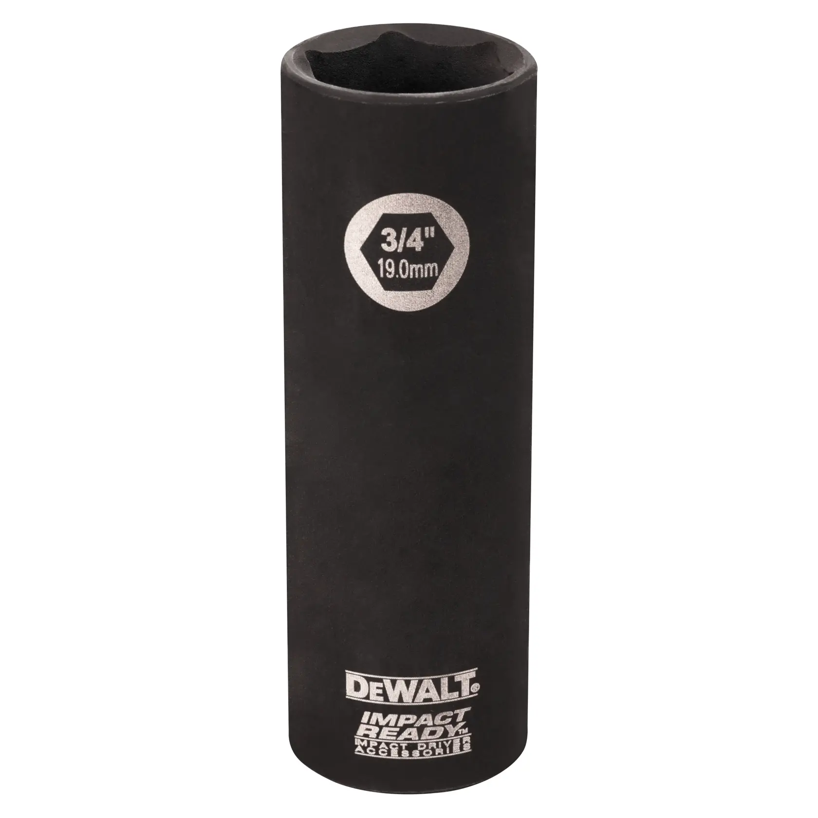 A DEWALT Impact Ready deep socket, size 3/4 inch (19.0mm), black in color, with product branding and size markings visible on its surface.