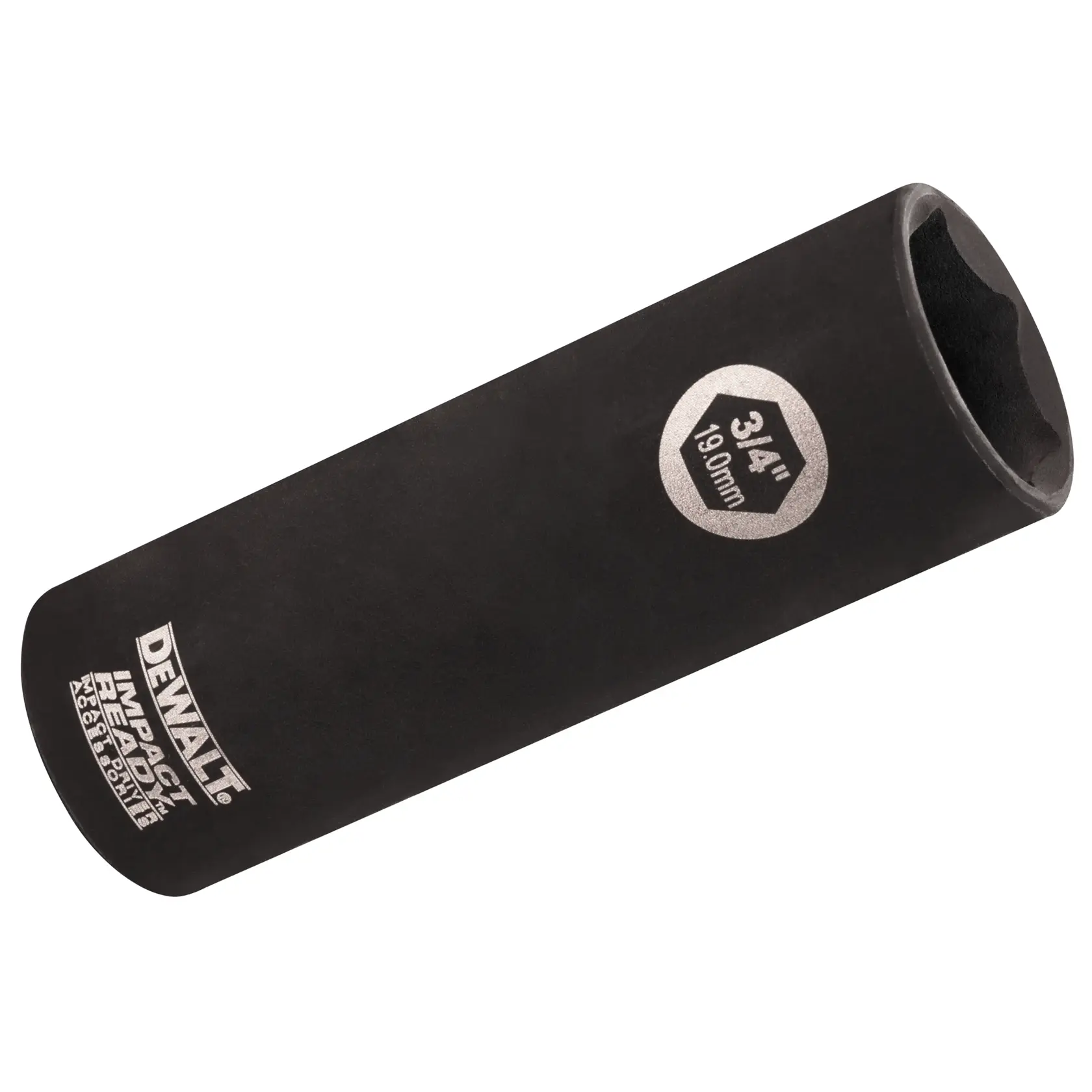 A black DEWALT impact socket, marked with '3/4 inch' and '19mm', designed for heavy-duty use with impact wrenches.