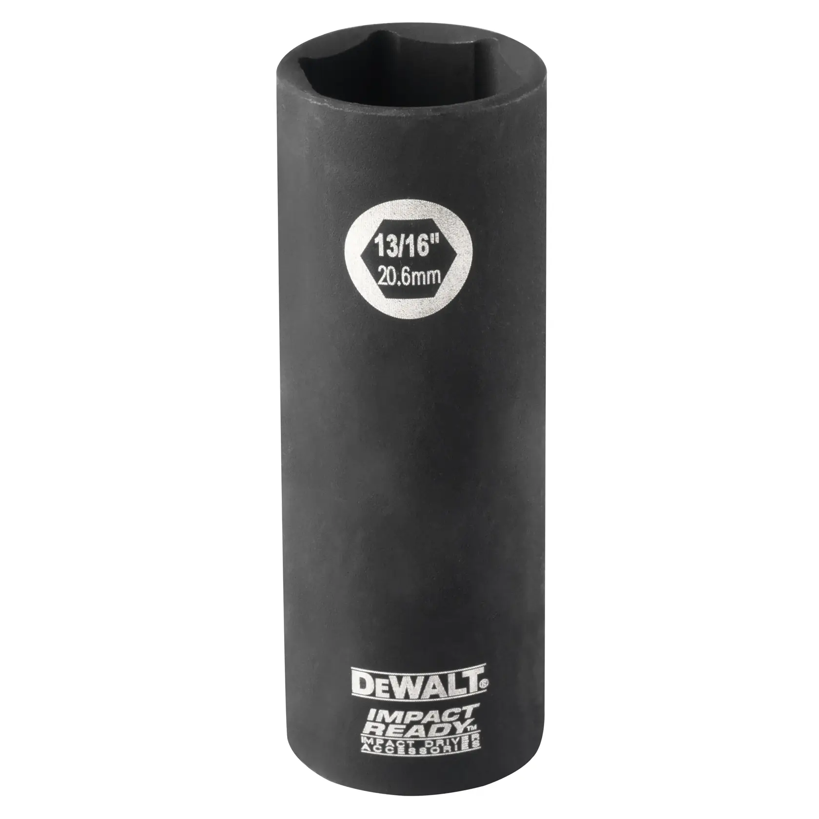 A DEWALT impact ready deep socket with size marking 13/16 inch (20.6mm), designed for heavy duty applications.