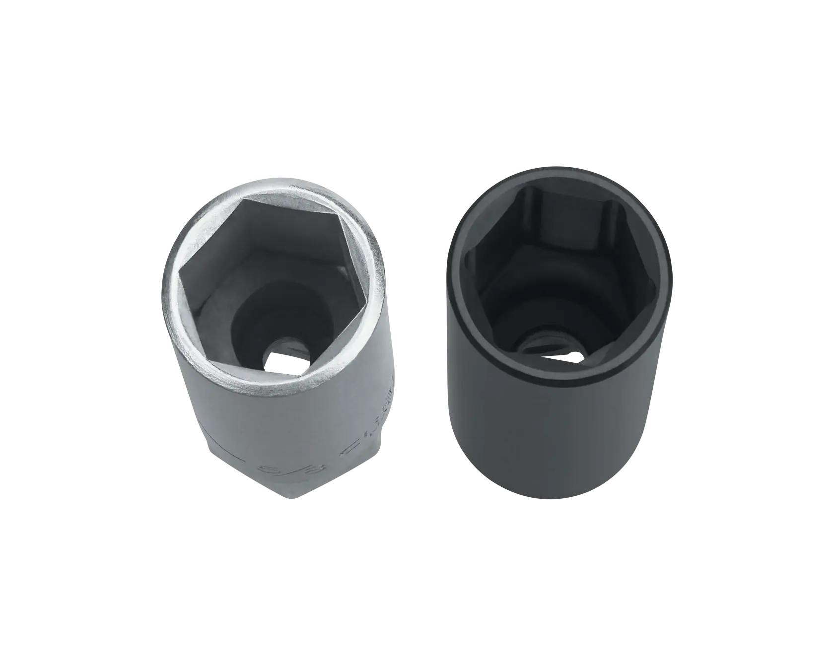 Two DEWALT socket wrenches viewed from above, one silver and one black, both displaying their hexagonal openings.