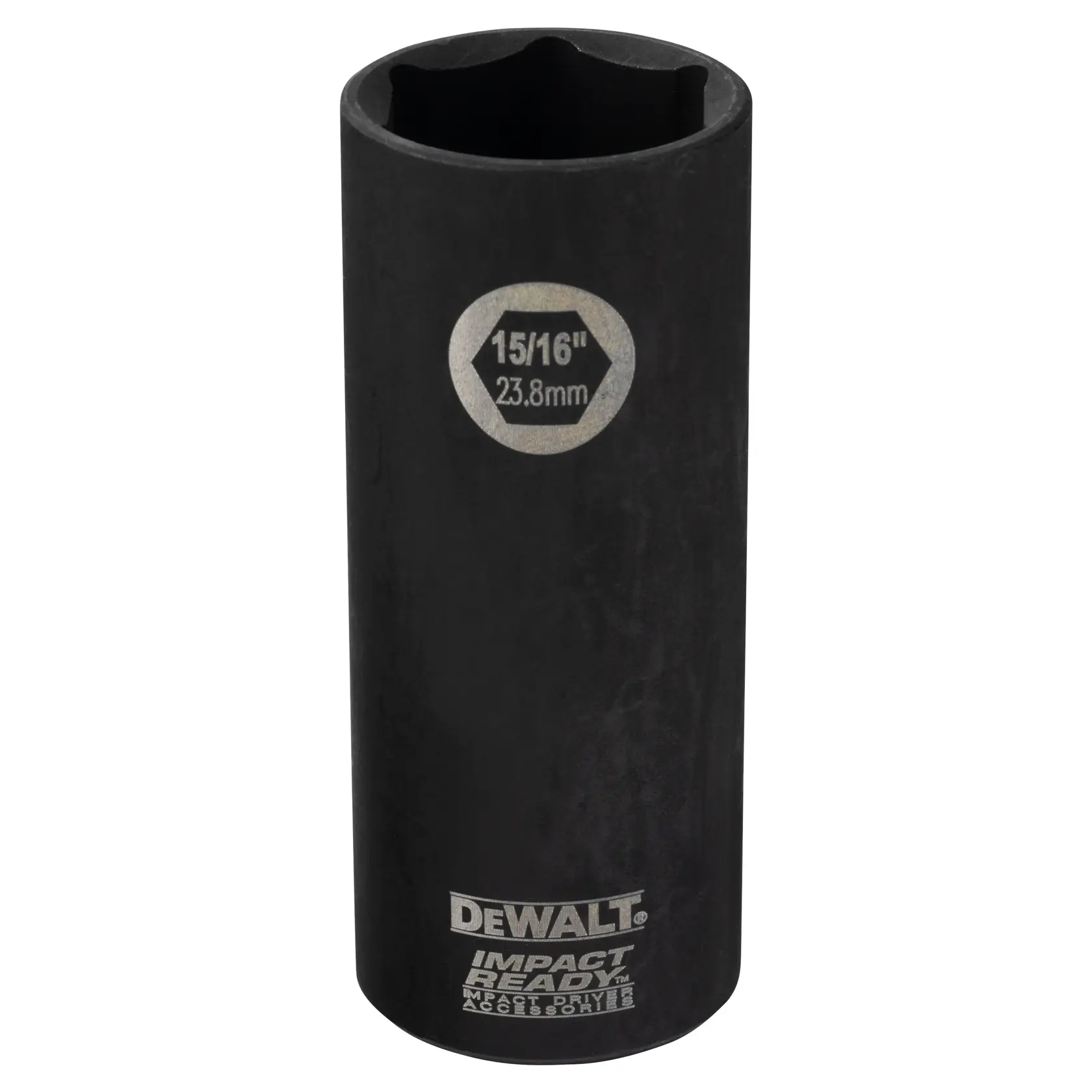 A DEWALT branded deep impact socket, black in color, marked with size 15/16 inch (23.8mm), designed for heavy-duty use with impact drivers.