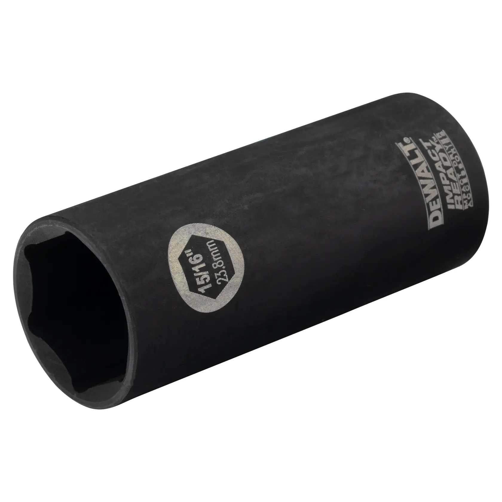 A DEWALT 15/16 inch (23.8 mm) impact socket with a deep design, made of black metal. The product displays the DEWALT branding and size markings.