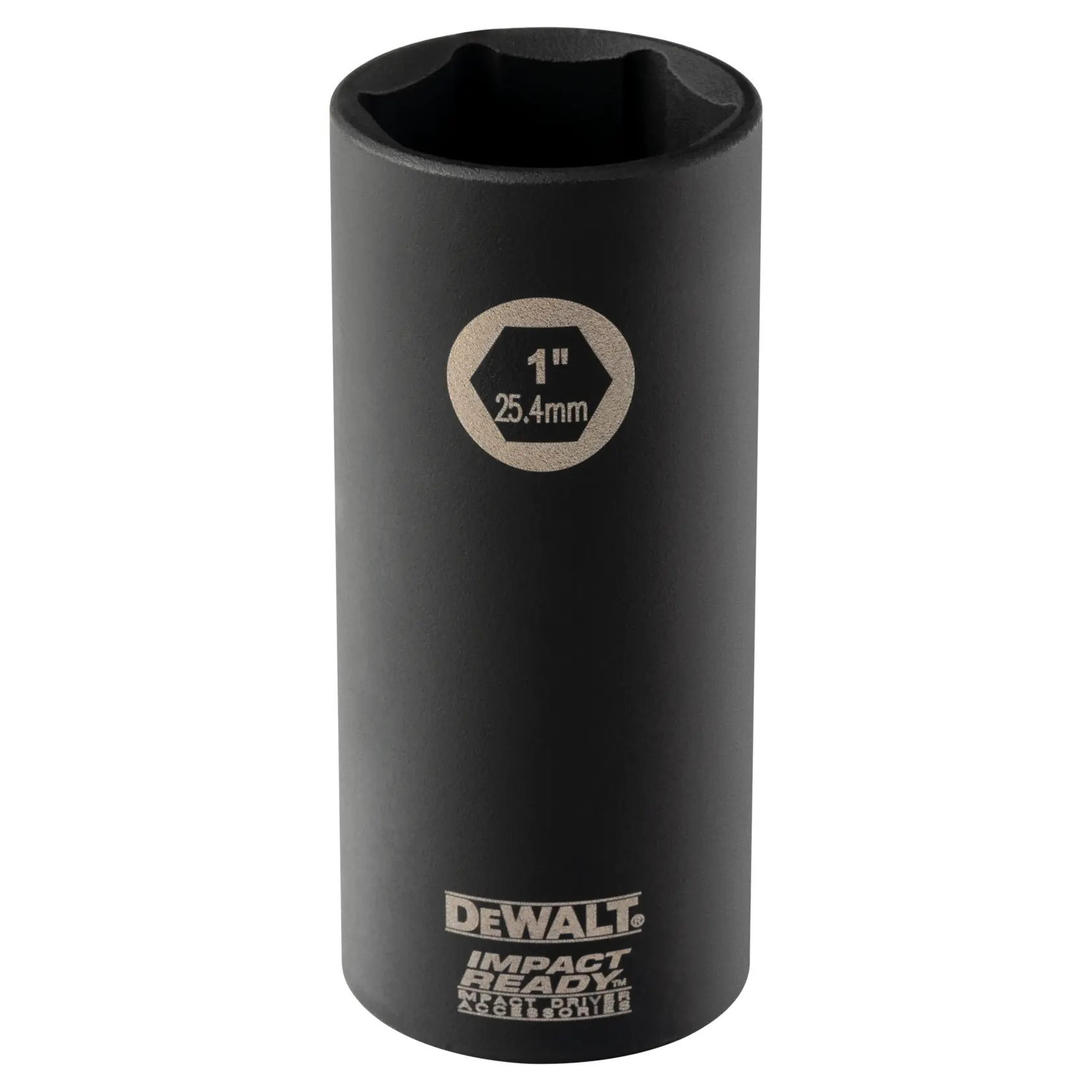 A DEWALT Impact Ready deep socket, black, with markings showing 1 inch (25.4mm) size. The socket is cylindrical and designed for heavy-duty use with impact tools.