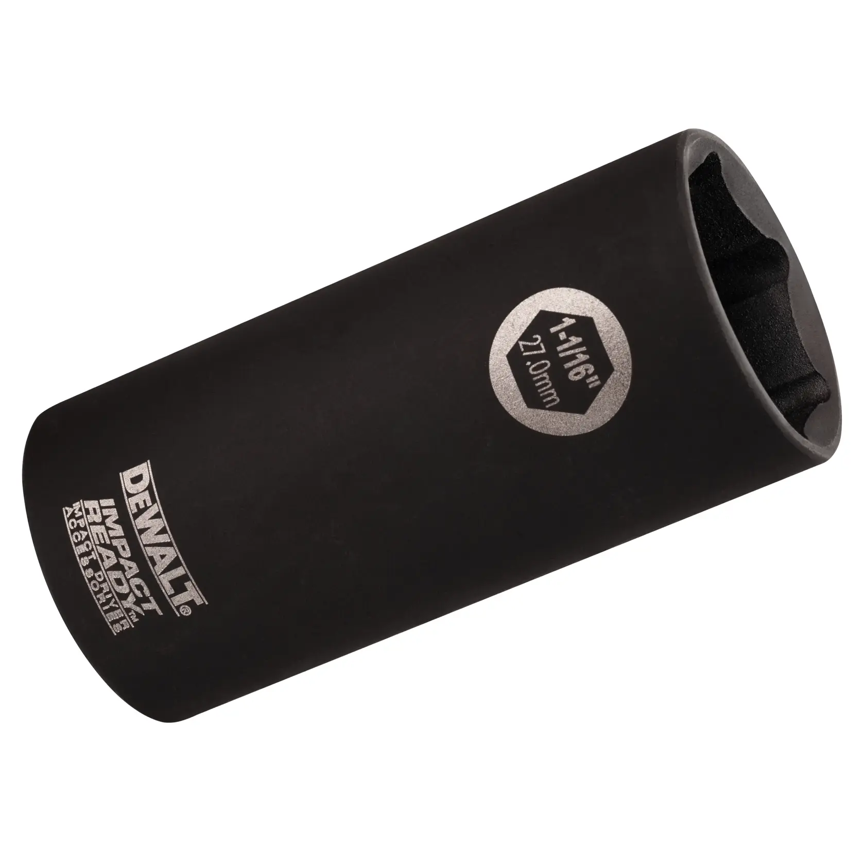 A black DEWALT impact socket, labeled with '1-1/16'' 27.0mm' and 'IMPACT READY', designed for heavy-duty fastening applications.