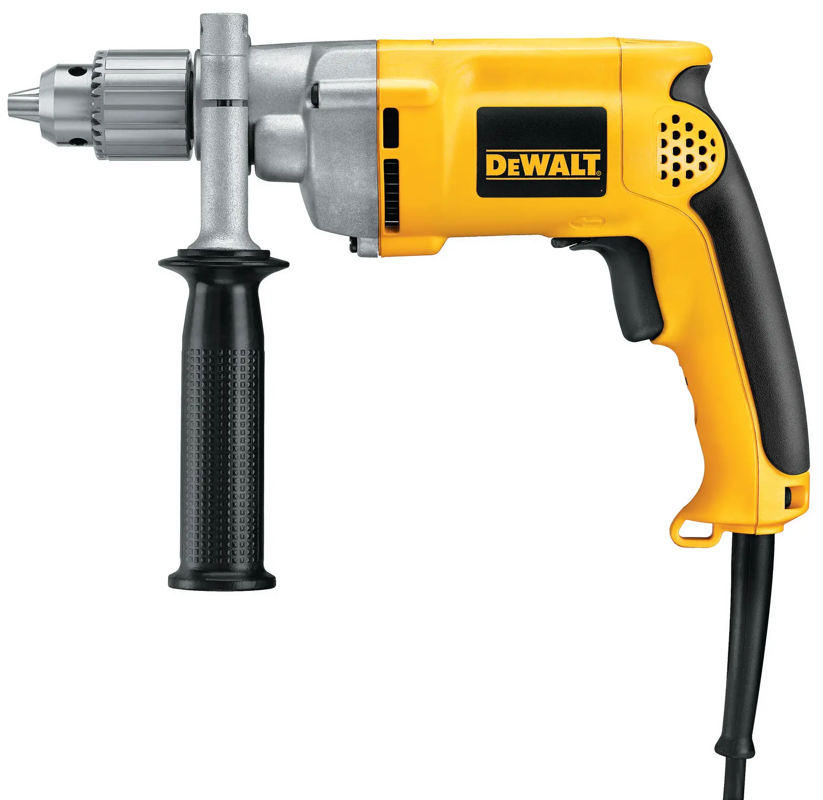 A yellow and black DEWALT corded electric drill with a side handle, shown against a white background.