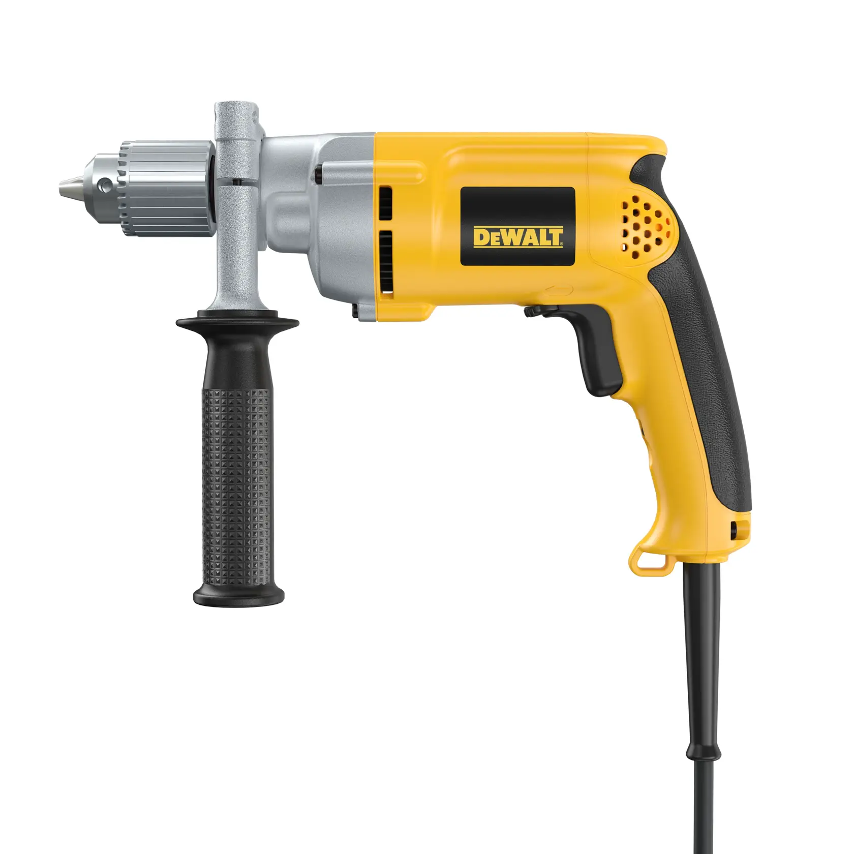 A yellow and black DEWALT corded power drill with a side handle, shown in a studio setting on a white background.