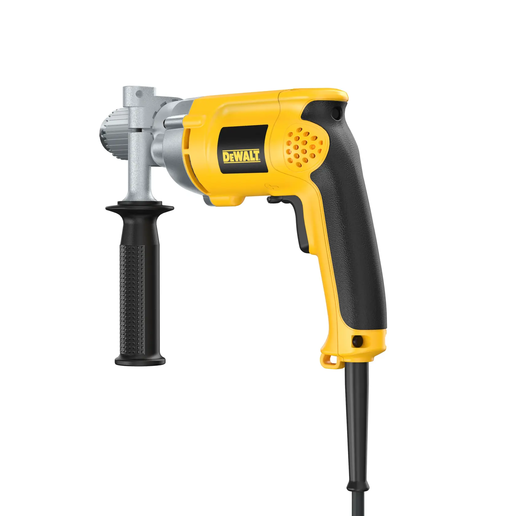 A yellow and black DEWALT electric drill with a side handle attachment, shown against a white background.